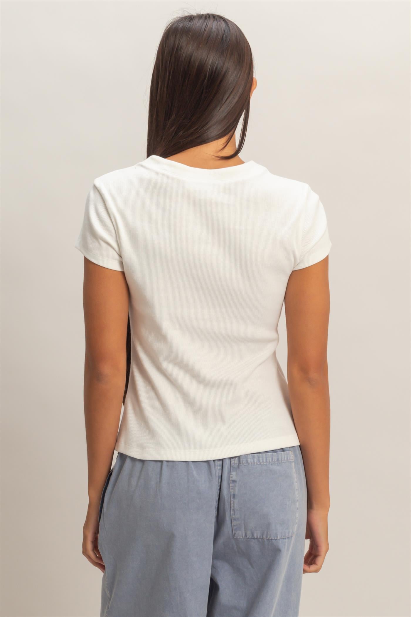 Wholesale Ribbed Button-Front Crew Neck Top Clothing Tops DZ26A727 OFF WHITE DOUBLE ZERO