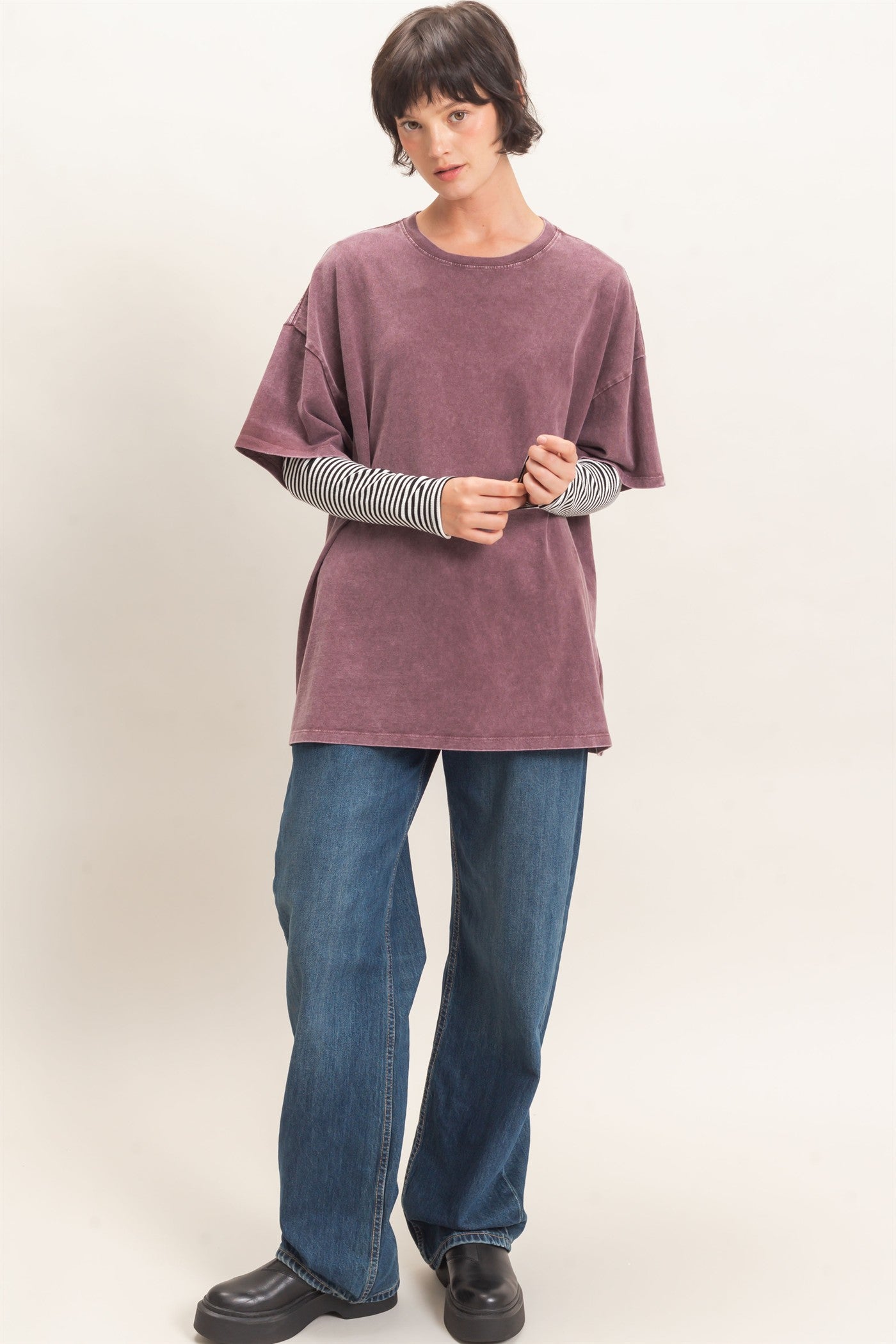 Wholesale Mineral Wash Oversized Crew Neck T-Shirts Clothing Tops DZ26C961 DARK CHERRY DOUBLE ZERO