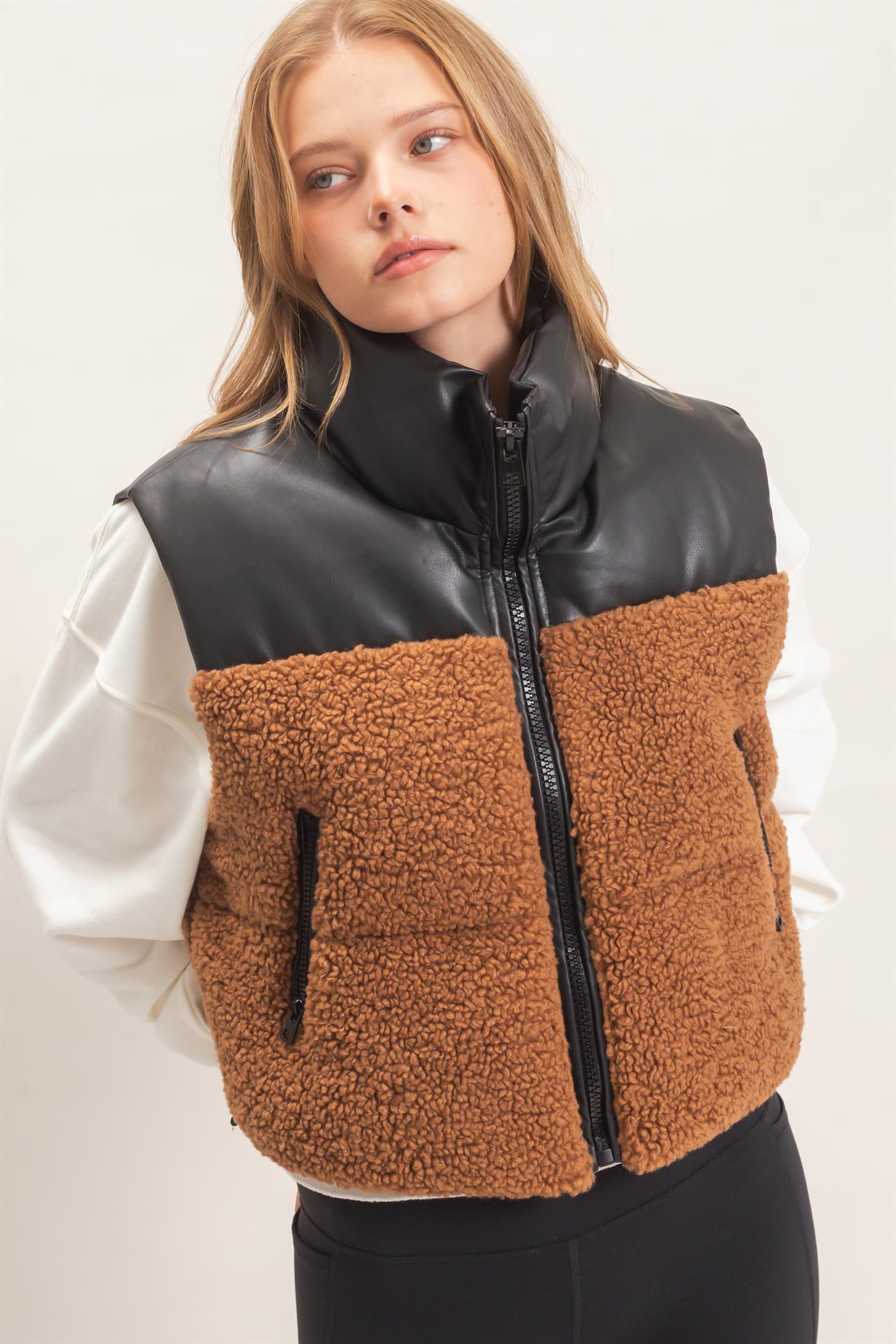 Wholesale Faux Fur & Pu Padded Vest Outerwear HF26F204 LIGHT BROWN HYFVE