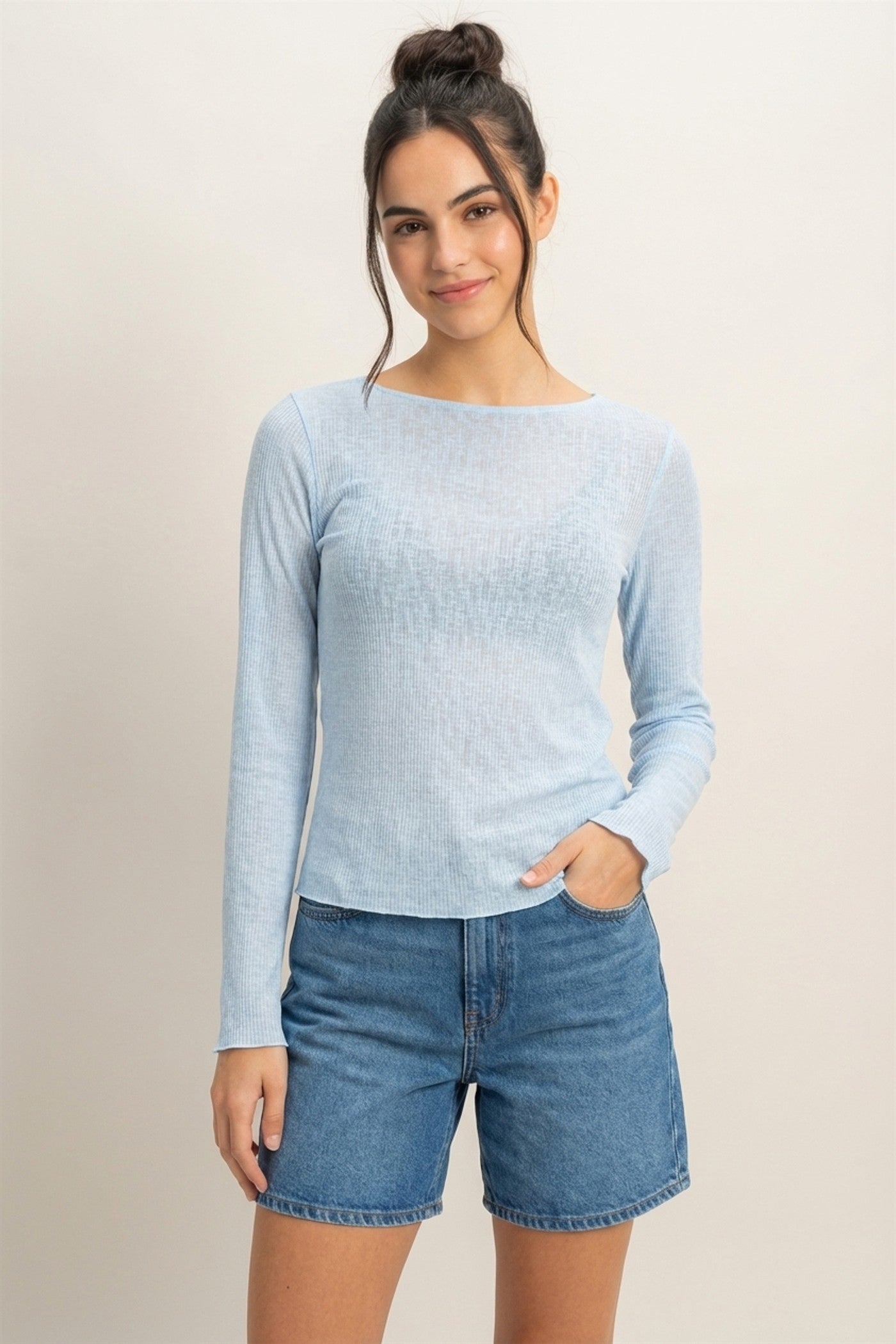 Wholesale Ribbed Long Sleeve Top Clothing Tops DZ24C196 BABY BLUE DOUBLE ZERO