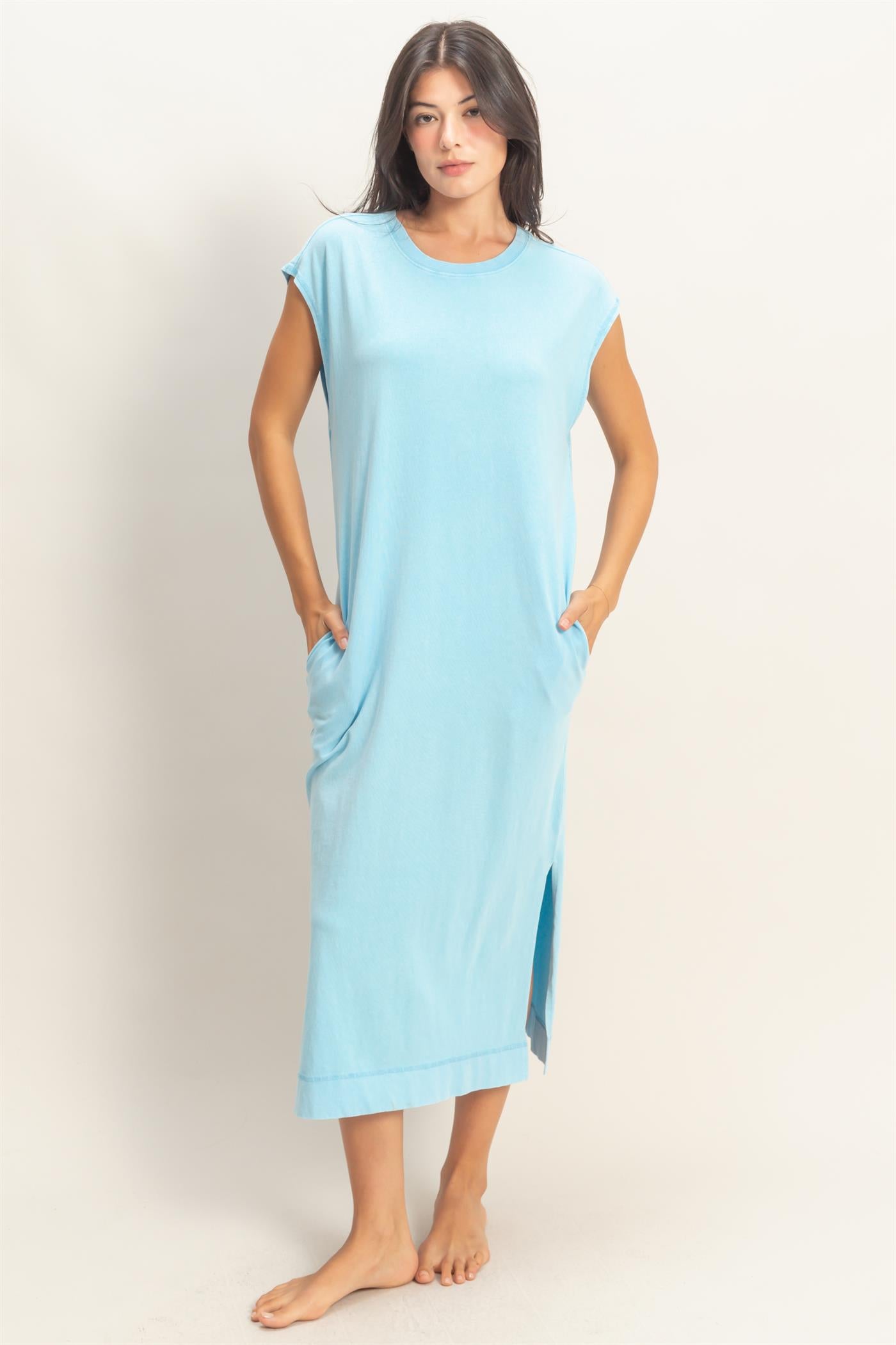 Wholesale Mineral Wash Cap Sleeve Midi Dress Dresses DZ26A049 BLUE DOUBLE ZERO