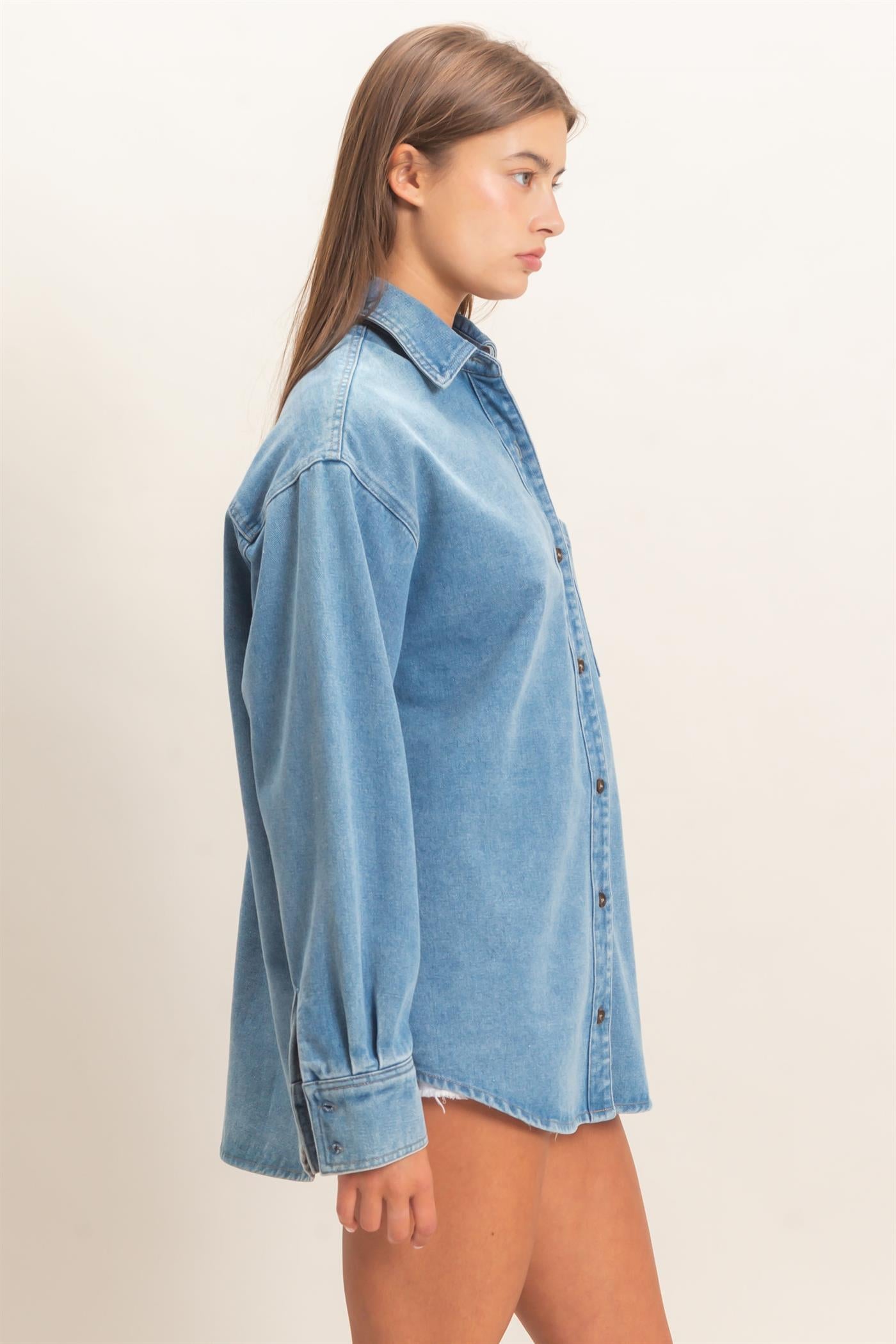 Wholesale Denim Button-Up Collar Shirt Clothing Tops DZ26F410 MEDIUM BLUE DOUBLE ZERO