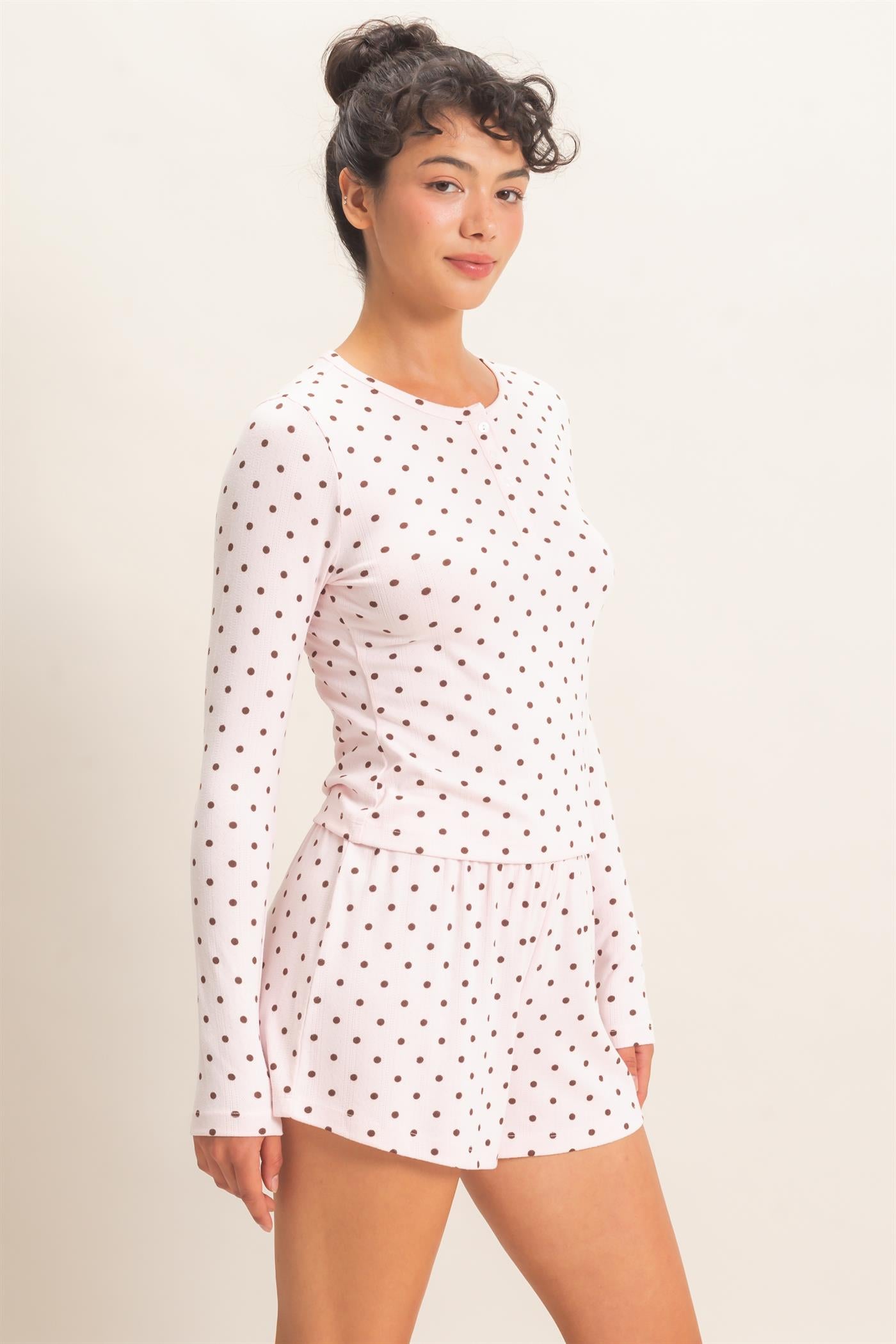 Wholesale Polka Dot Henley Long Sleeve Top & Shorts Set Clothing DZ27A154-SET LIGHT PINK DOUBLE ZERO