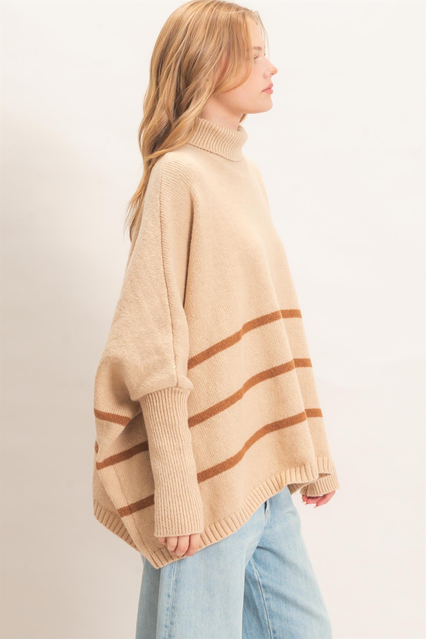 Wholesale Striped Turtleneck Poncho Sweater Sweaters HF26F194 L.TAUPE HYFVE