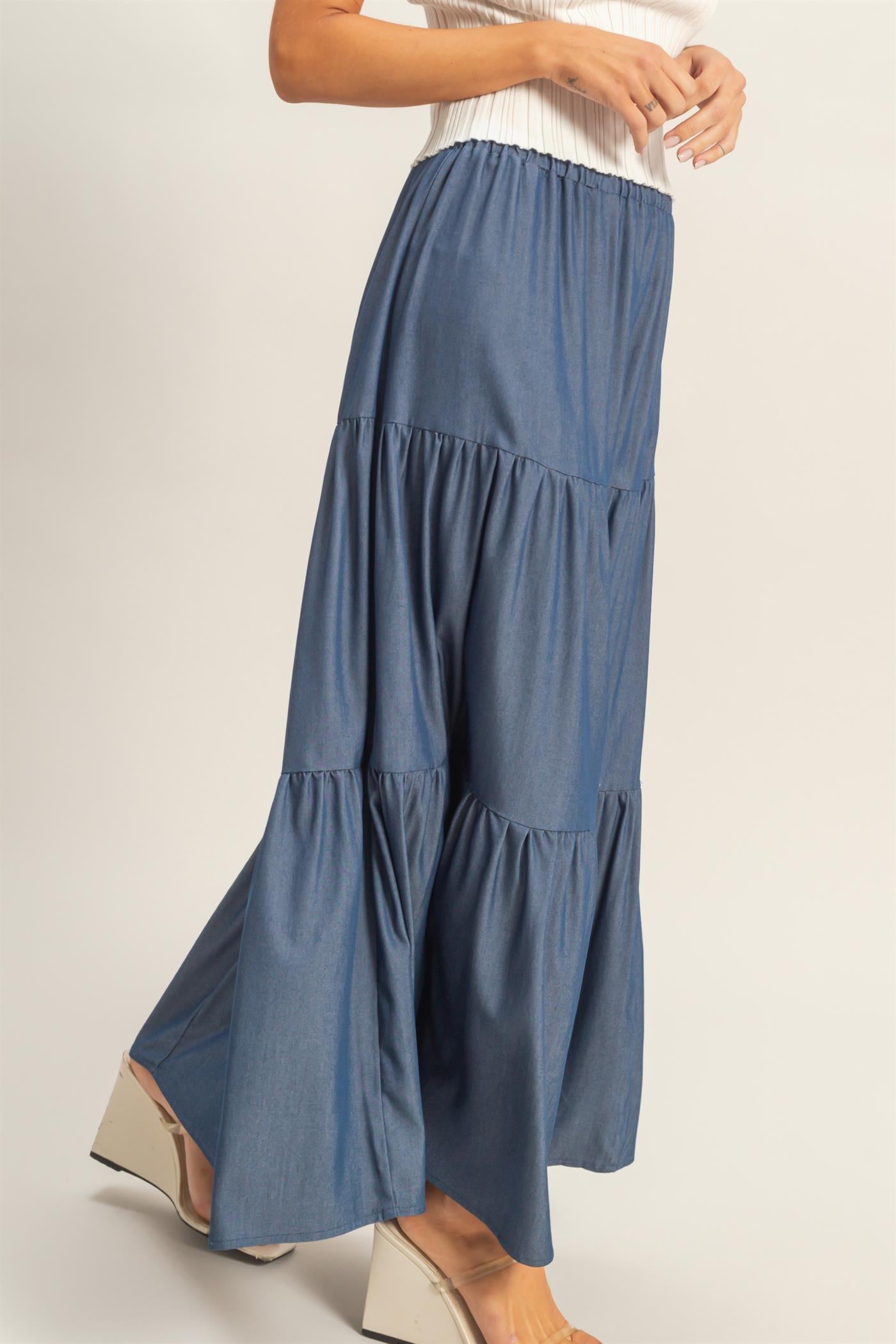 Wholesale Elastic Waist 3-Tier Skirt Skirts HF26E340-D D.DENIM HYFVE