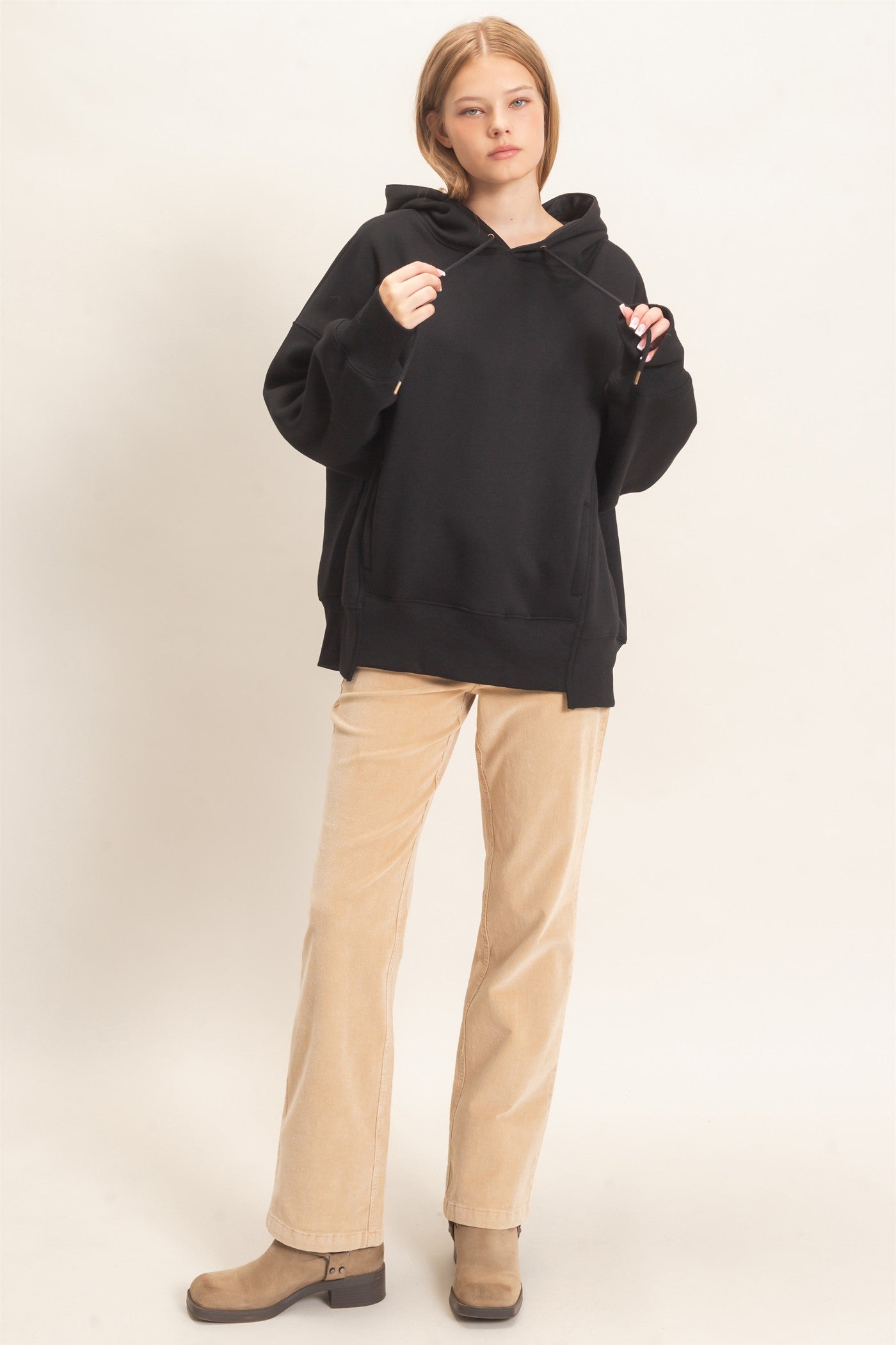 Wholesale Enzyme Wash Drop Shoulder Hoodie Hoodies HF26E235 BLACK HYFVE