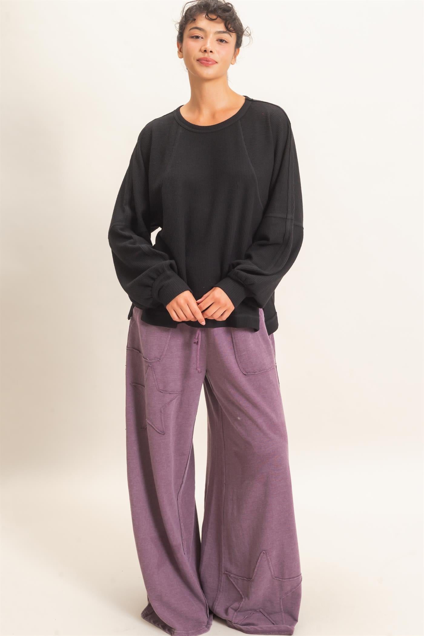 Wholesale Brushed Waffle Long Sleeve Top Clothing Tops DZ26F312 BLACK DOUBLE ZERO