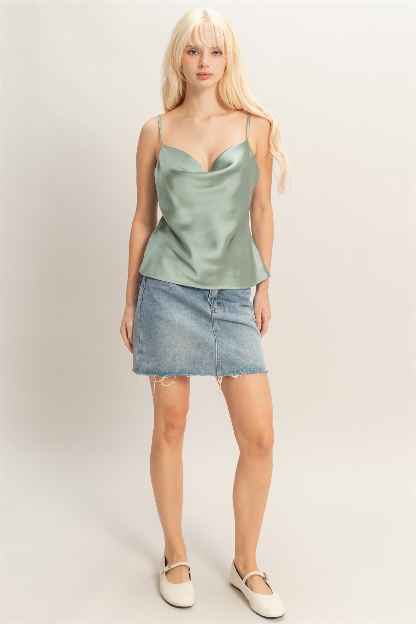 Wholesale Cowl Neck Satin Cami Top Clothing Tops DZ26A277 SAGE GREEN DOUBLE ZERO