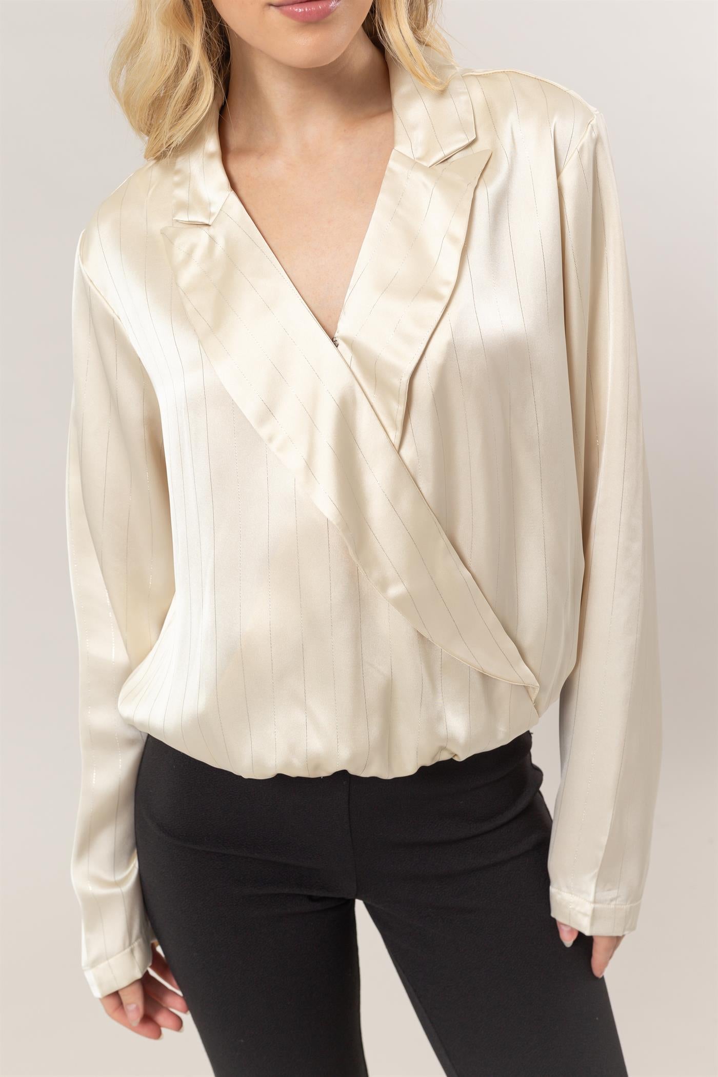 Wholesale Sophisticated Lurex Striped Wrap Blouse Clothing Tops HF25C383 CHAMPAGNE HYFVE