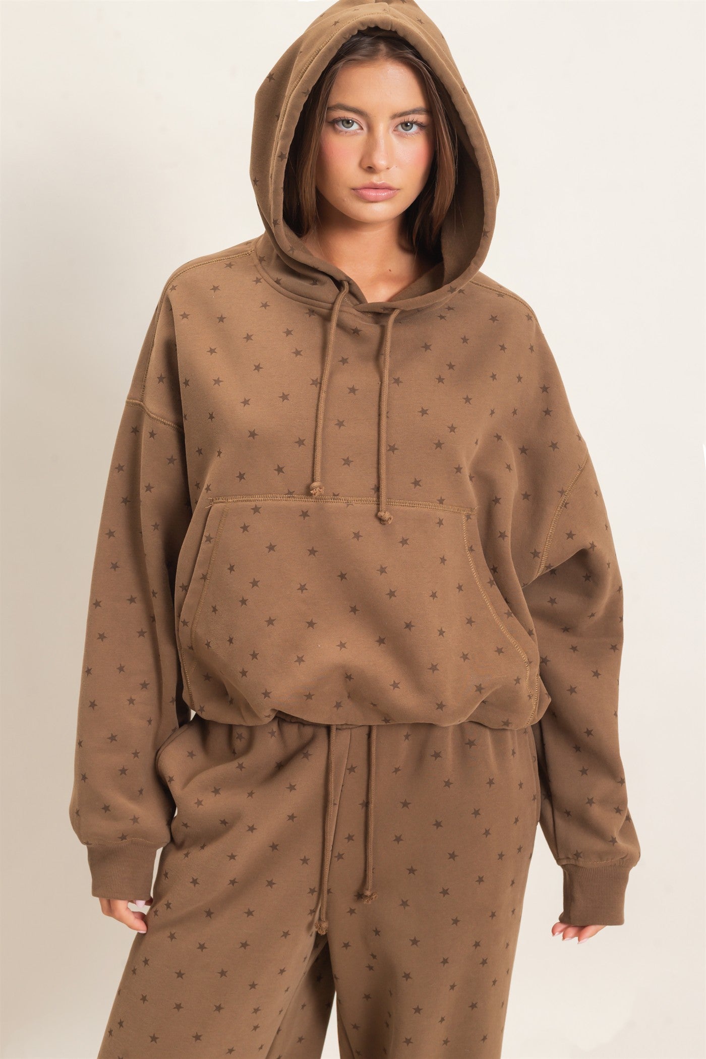 Wholesale Star Print Bubble Hoodie Hoodies DZ26C911 MOCHA DOUBLE ZERO