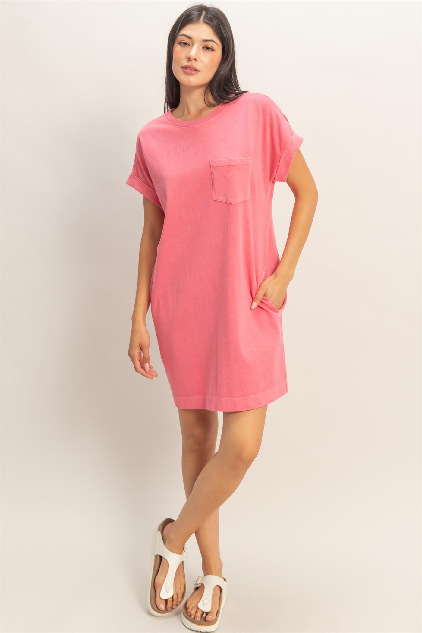 Wholesale Round Neck T-Shirt Mini Dress Dresses DZ26A029 TAFFY PINK DOUBLE ZERO