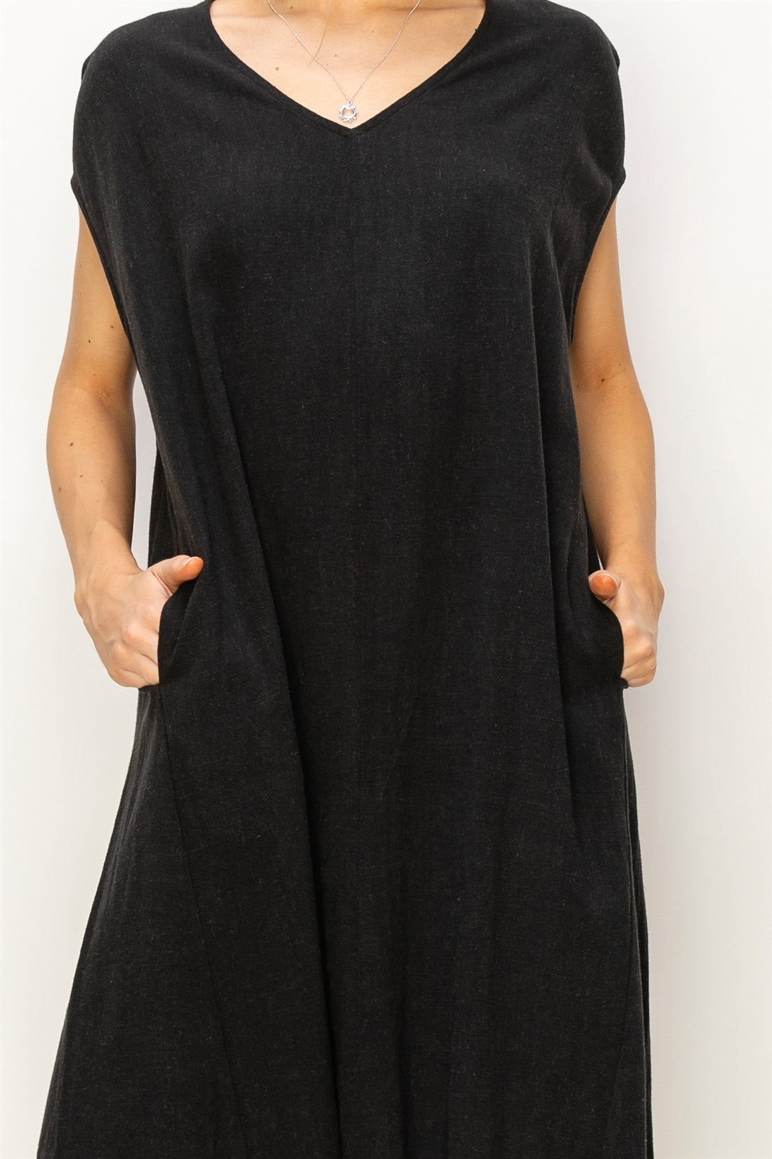 Wholesale V-Neck Oversized Linen Midi Dress Dresses DZ23E033-D BLACK DOUBLE ZERO