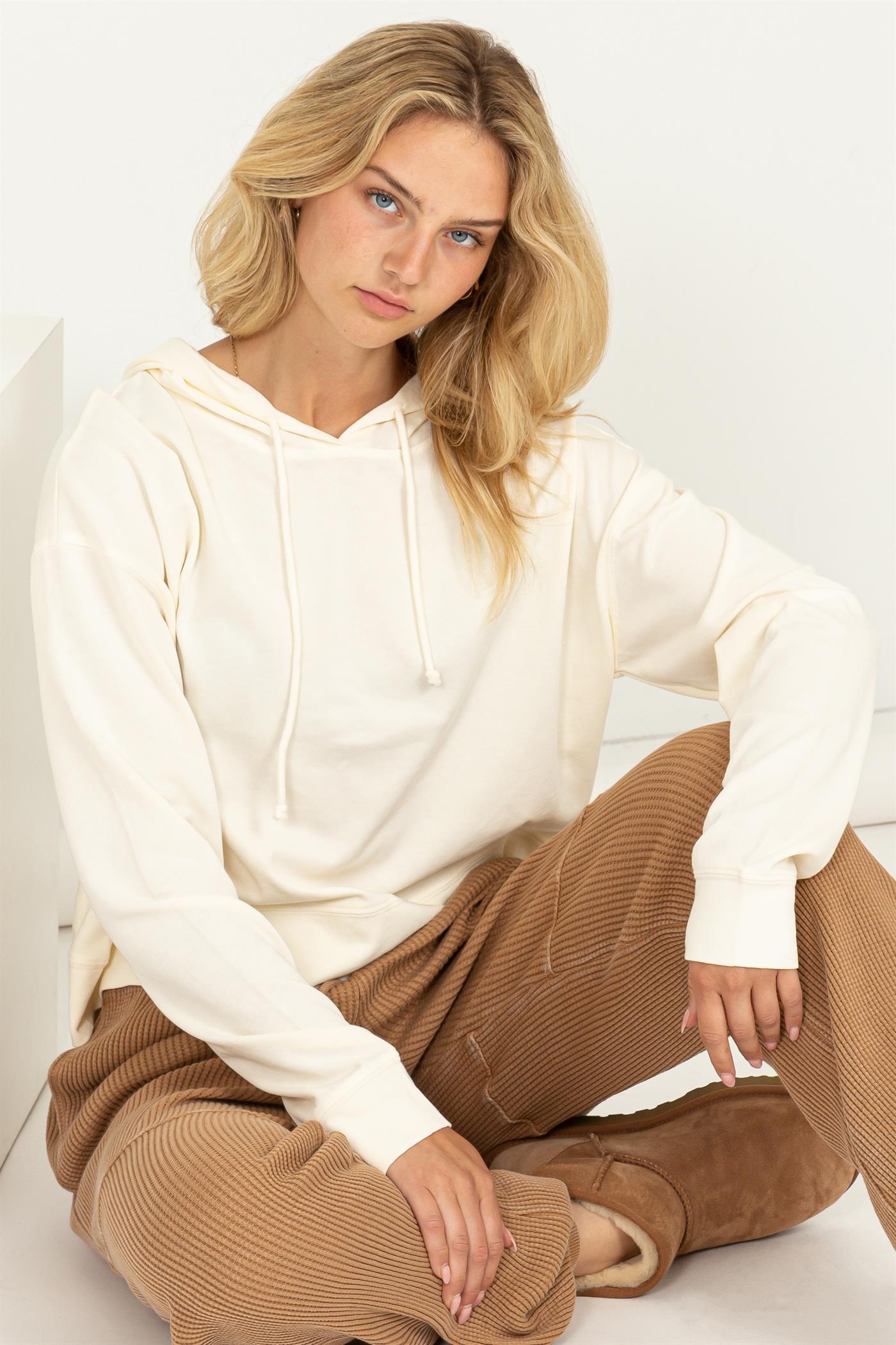 Wholesale Long Sleeve Drawstring Hoodie Clothing Tops DZ23E999 CREAM DOUBLE ZERO