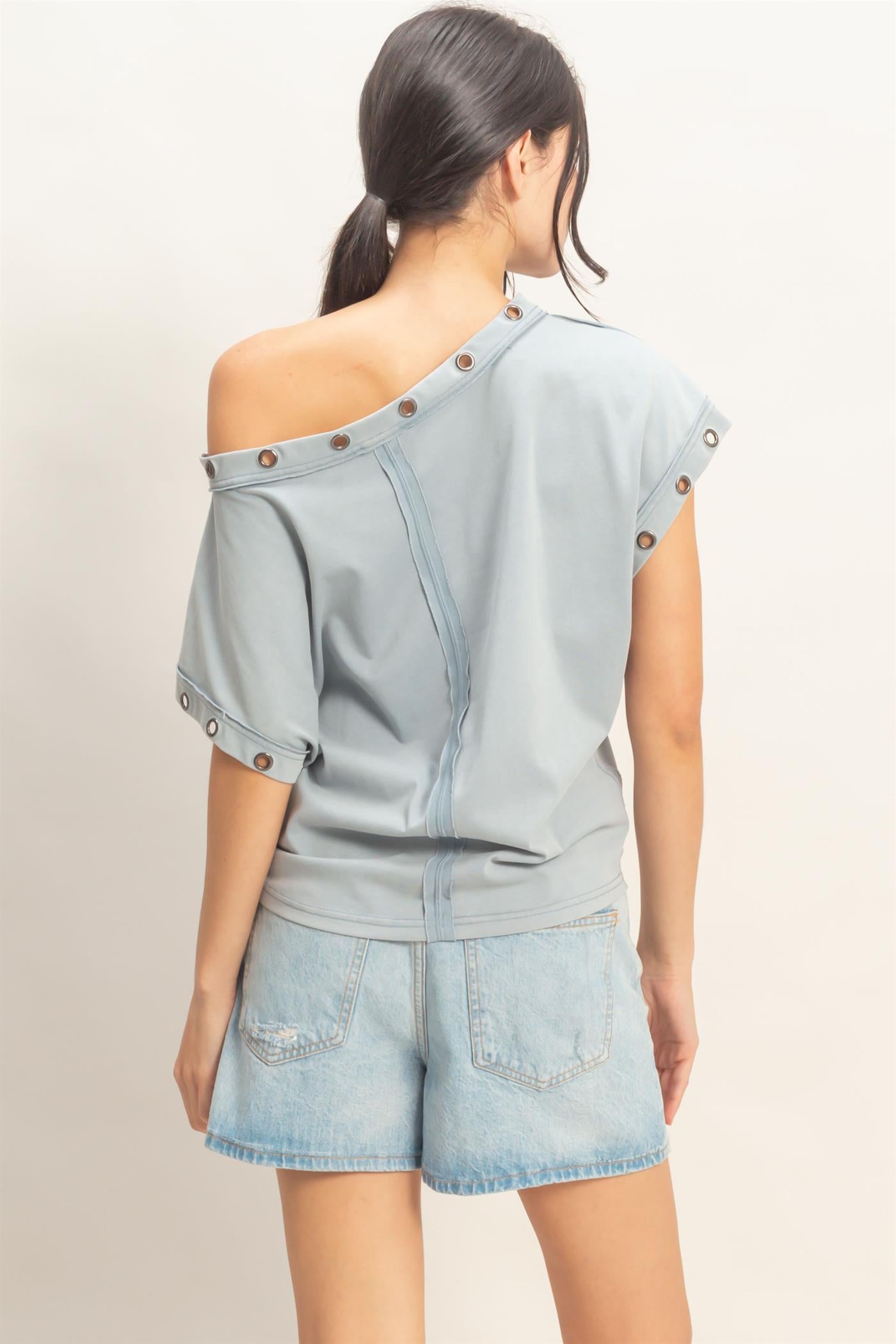 Wholesale Off Shoulder Top With Eyelets T-Shirts HF26E794 MISTY BLUE HYFVE