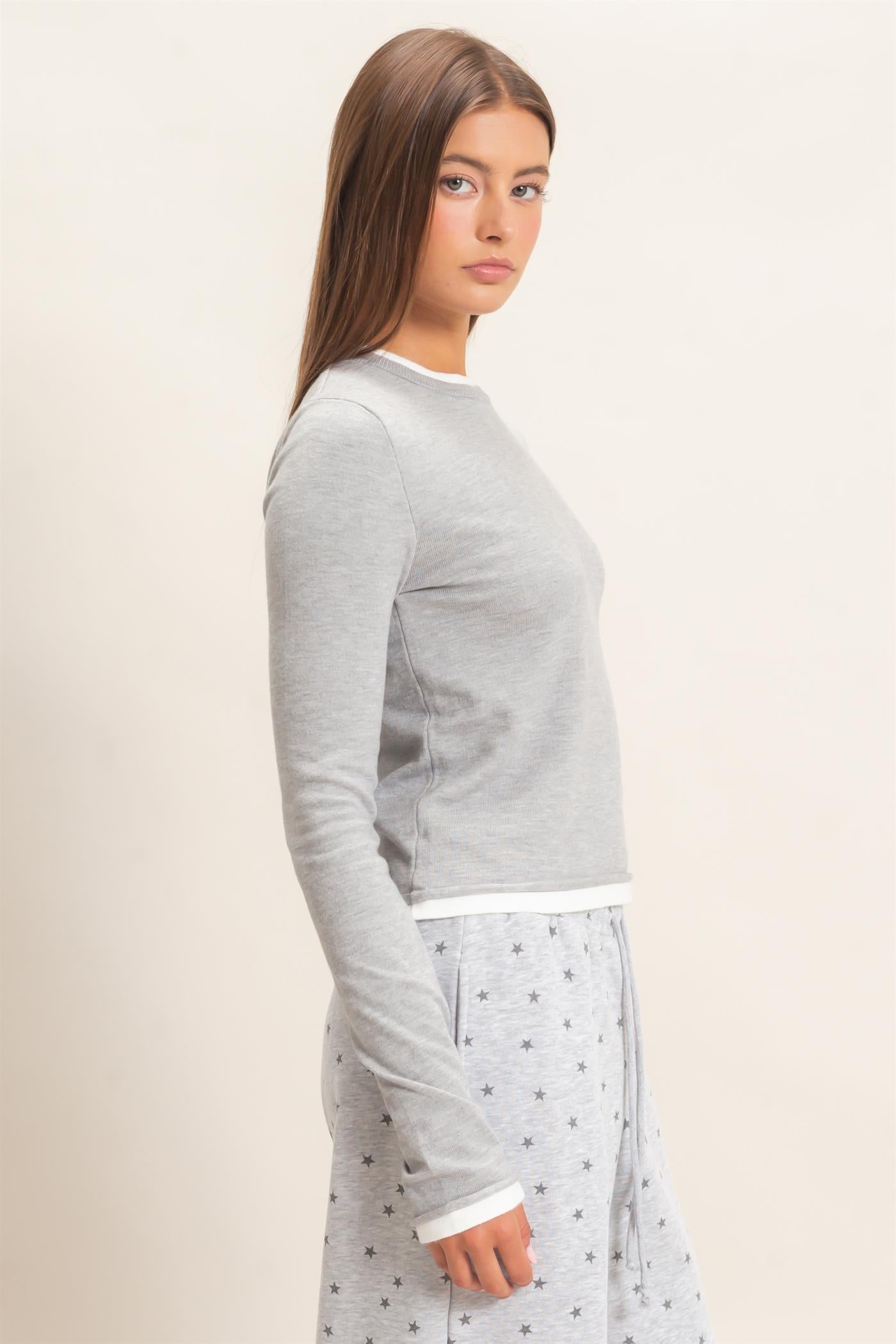 Wholesale Layer Effect Long Sleeve Knit Top Clothing Tops DZ26F394 HEATHER GRAY DOUBLE ZERO