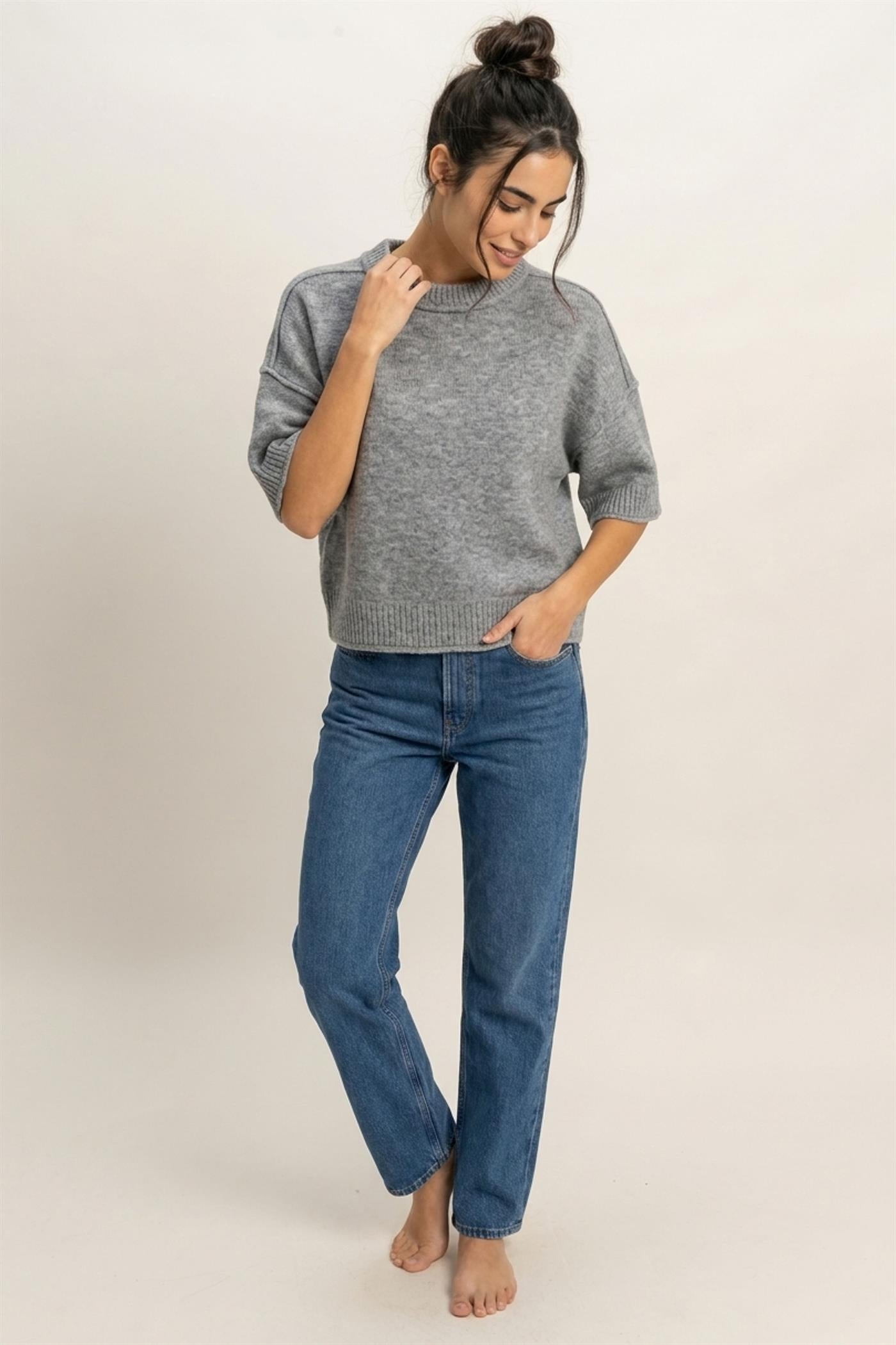 Wholesale Seam Detail Short Sleeve Knit Top Clothing Tops DZ26A827 HEATHER GRAY DOUBLE ZERO