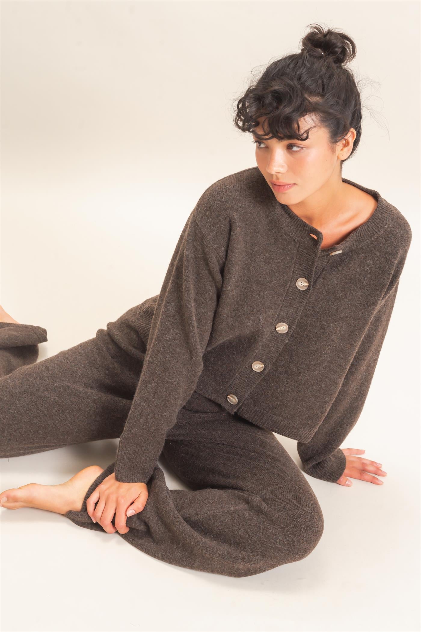 Wholesale Crew Neck Button Front Cardigan Cardigans DZ26E639 DARK BROWN DOUBLE ZERO