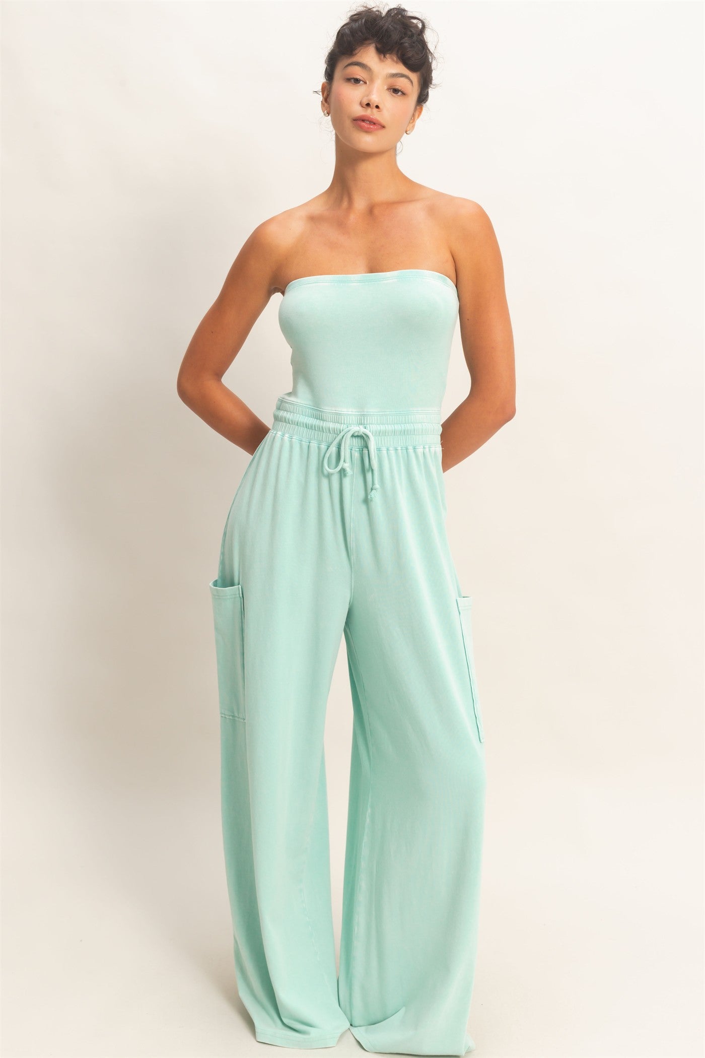 Wholesale Mineral Wash Strapless Wide-Leg Jumpsuit Clothing DZ26C376 TURQUOISE DOUBLE ZERO