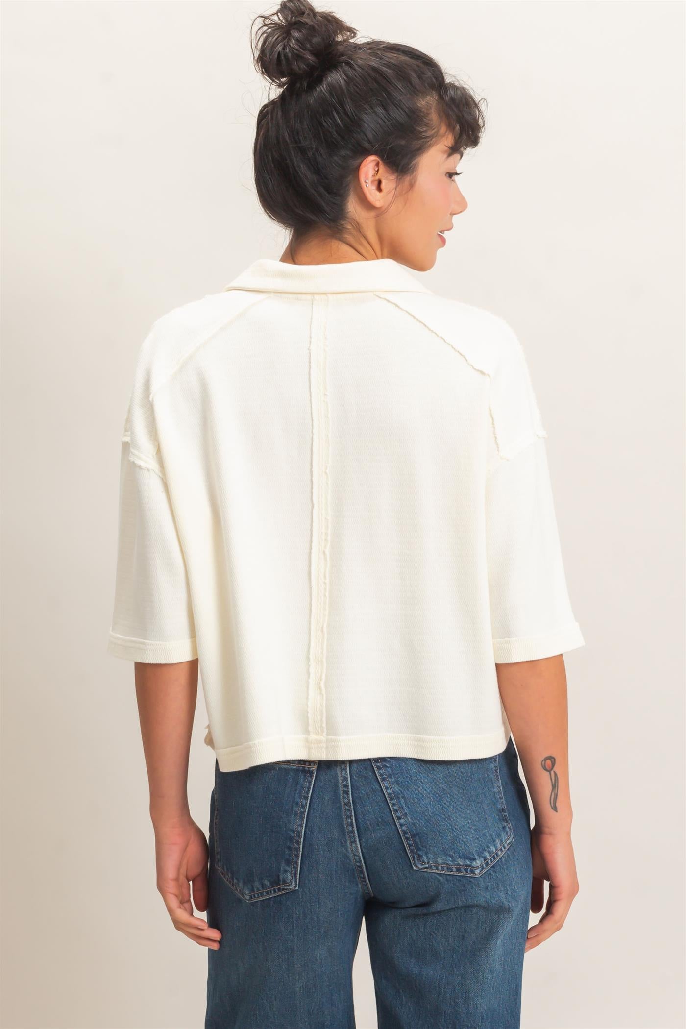 Wholesale Mineral Wash Oversized Collar Short Sleeve Top Clothing Tops DZ26E813 CREAM DOUBLE ZERO