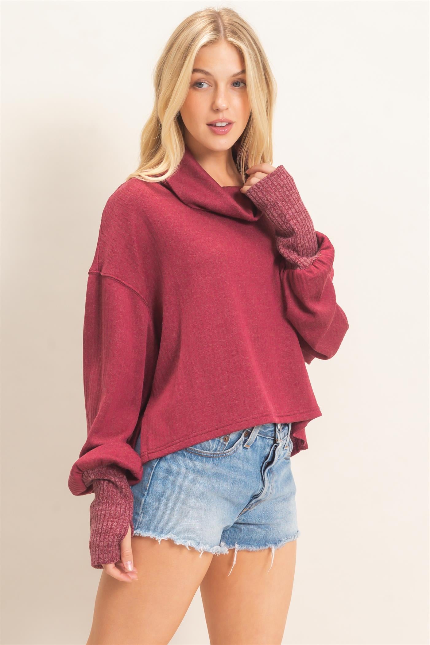 Wholesale Loose Turtleneck Long Sleeve Top Clothing Tops HF26F258 RED HYFVE