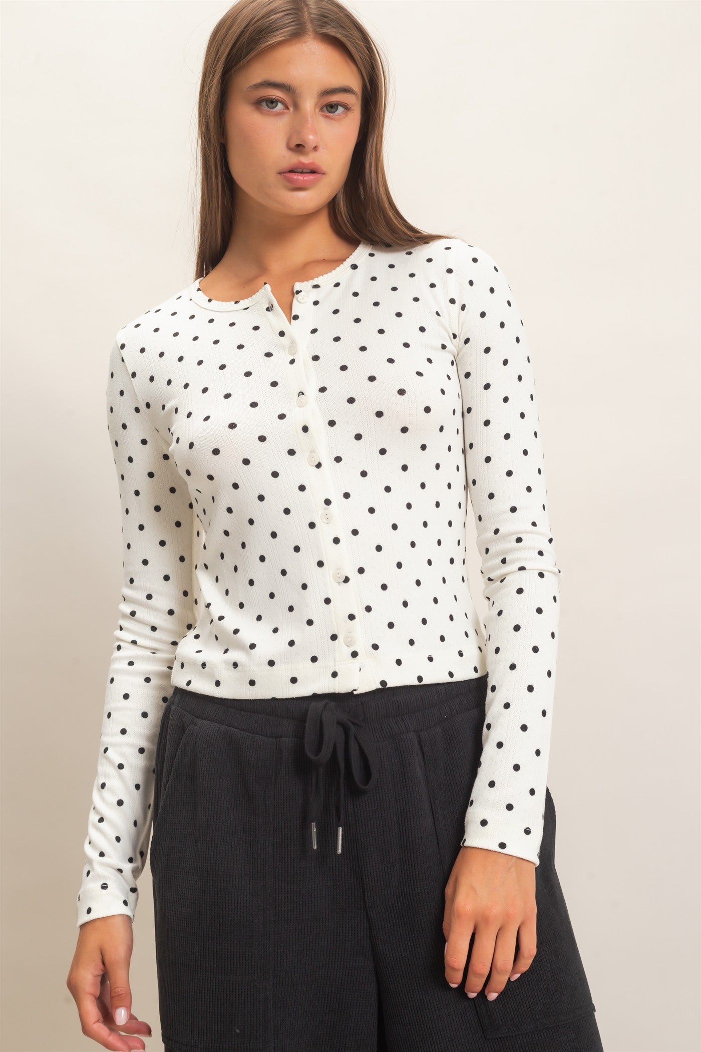 Wholesale Polka Dot Button Front Long Sleeve Top Clothing Tops DZ27A156 CREAM DOUBLE ZERO
