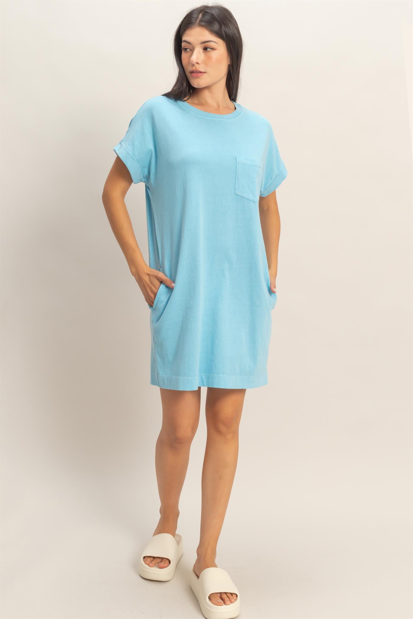 Wholesale Round Neck T-Shirt Mini Dress Dresses DZ26A029 BLUE DOUBLE ZERO