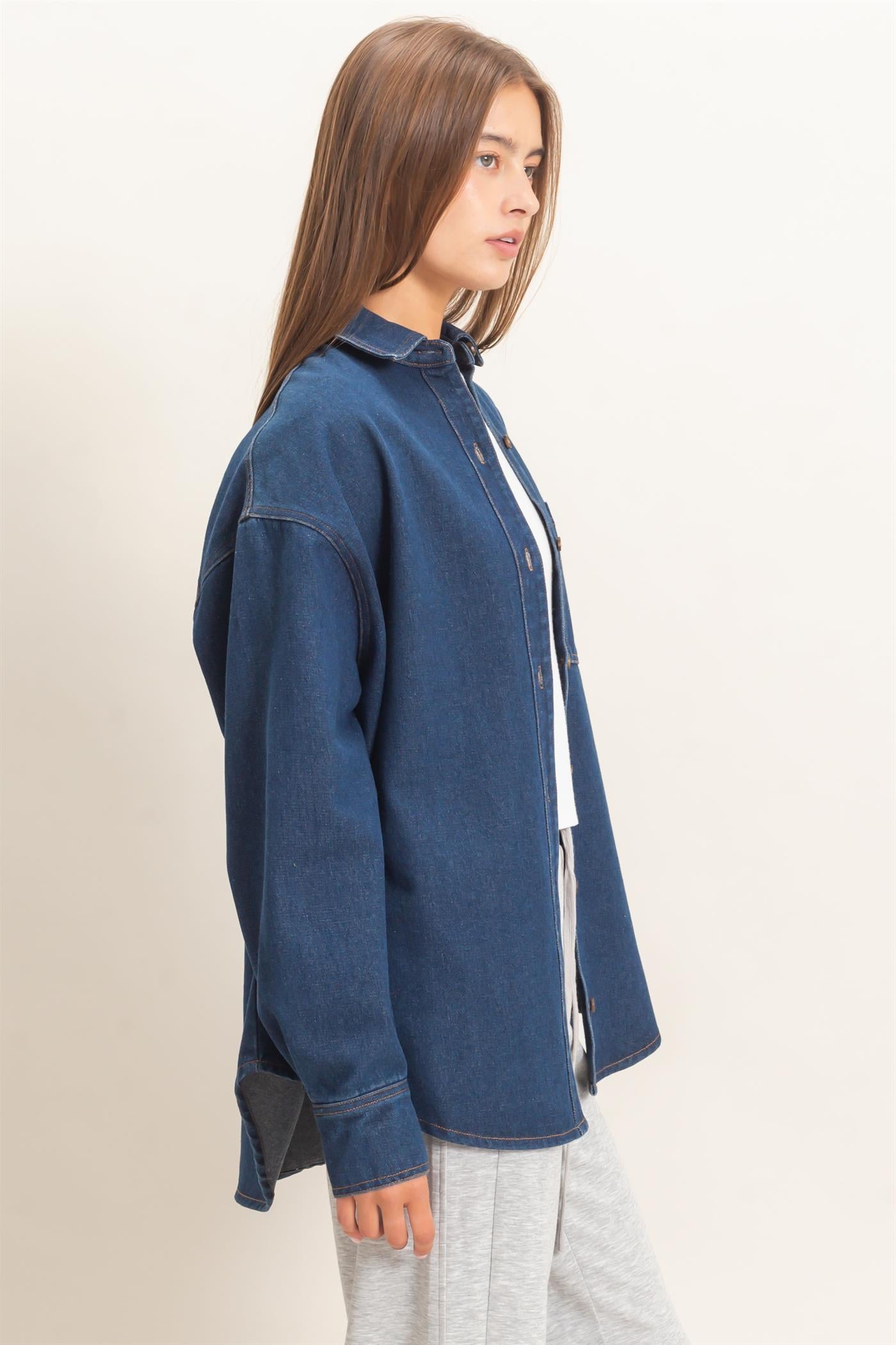 Wholesale Denim Button-Up Collar Shirt Clothing Tops DZ26F410 DARK BLUE DOUBLE ZERO