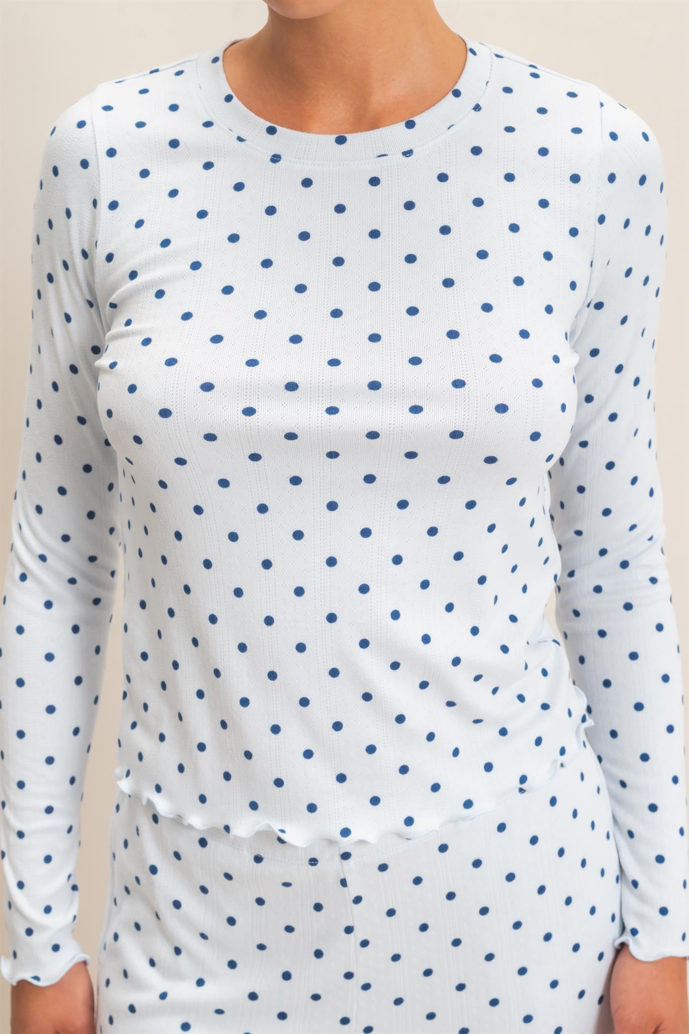 Wholesale Polka Dot Long Sleeve Top & Pants Set Clothing DZ26E914-SET LIGHT BLUE DOUBLE ZERO