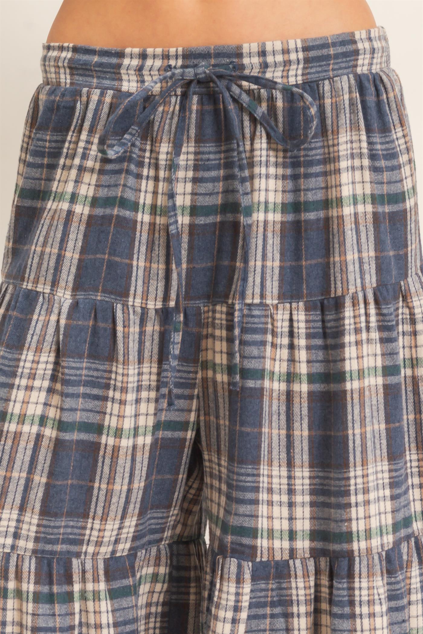 Wholesale Tiered Plaid Wide-Leg Pants Pants HF26E042 BLUE HYFVE