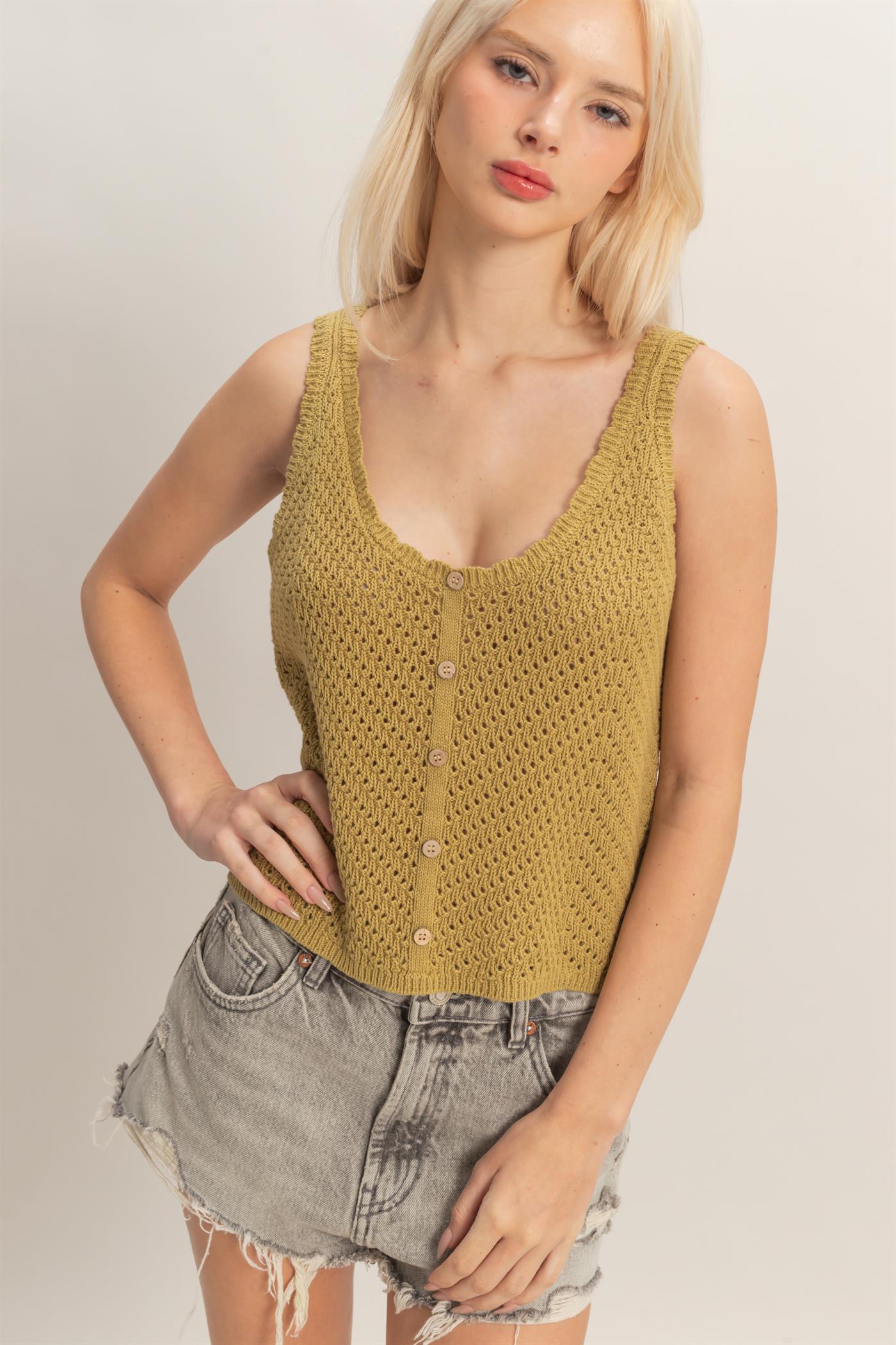 Wholesale Open Knit Scallop Edge Button Front Tank Top Tank Tops DZ26A221 OLIVE DOUBLE ZERO