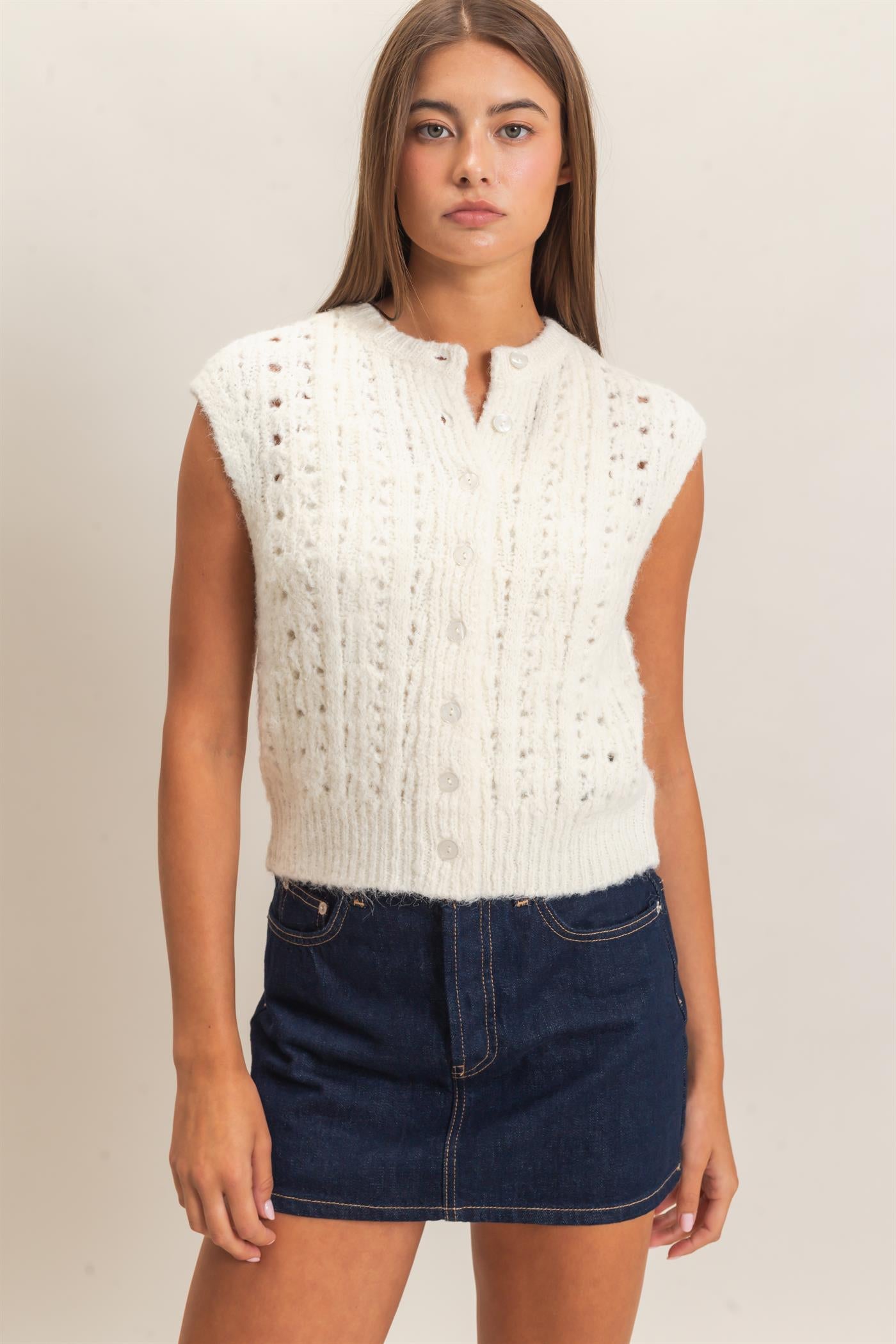 Wholesale Open Knit Sleeveless Button Front Sweater Vest Sweaters DZ26A829 CREAM DOUBLE ZERO