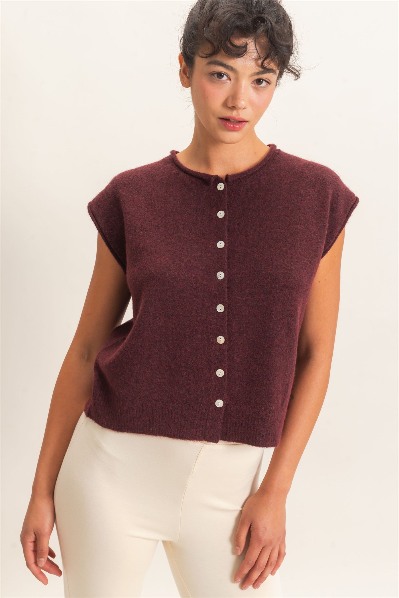 Wholesale Rolled Edge Button Front Sweater Vest Sweaters DZ26E239 DARK CHERRY DOUBLE ZERO