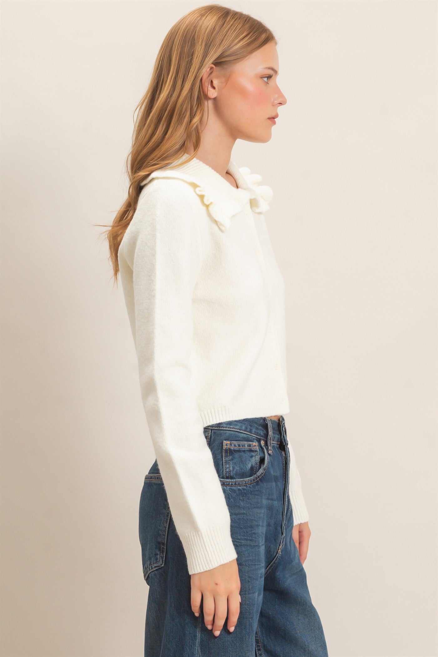 Wholesale Ruffled Collar Knit Cardigan Cardigans HF26E162-D IVORY HYFVE