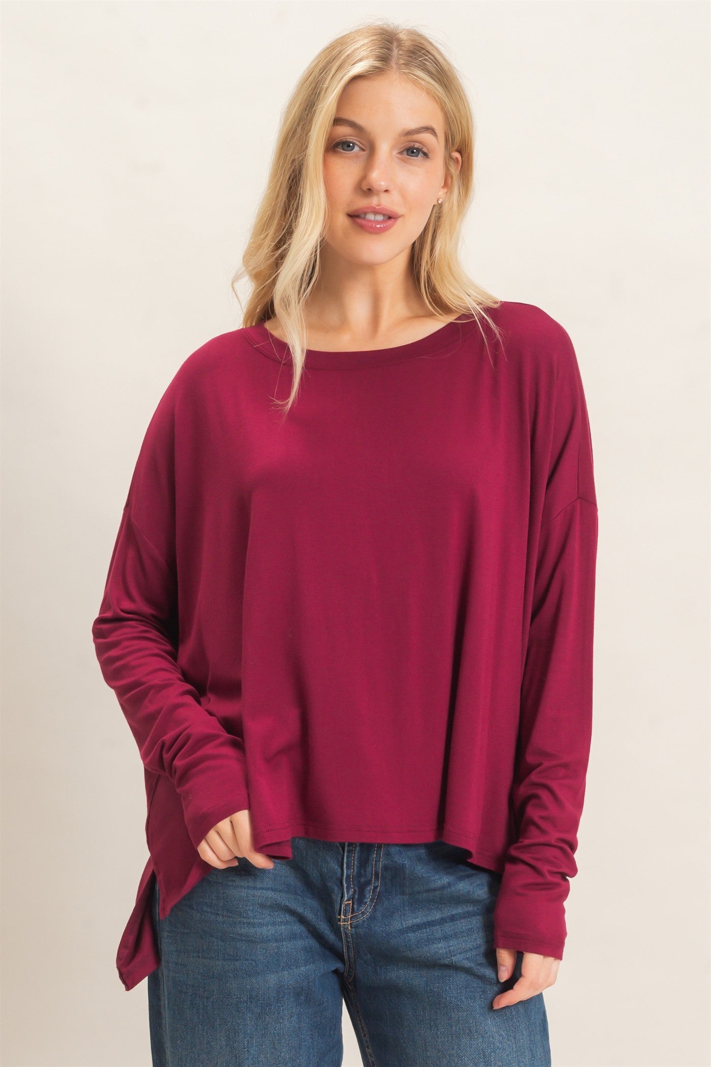 Wholesale Boat Neck Boxy Top Clothing Tops HF26F298 BURGUNDY HYFVE