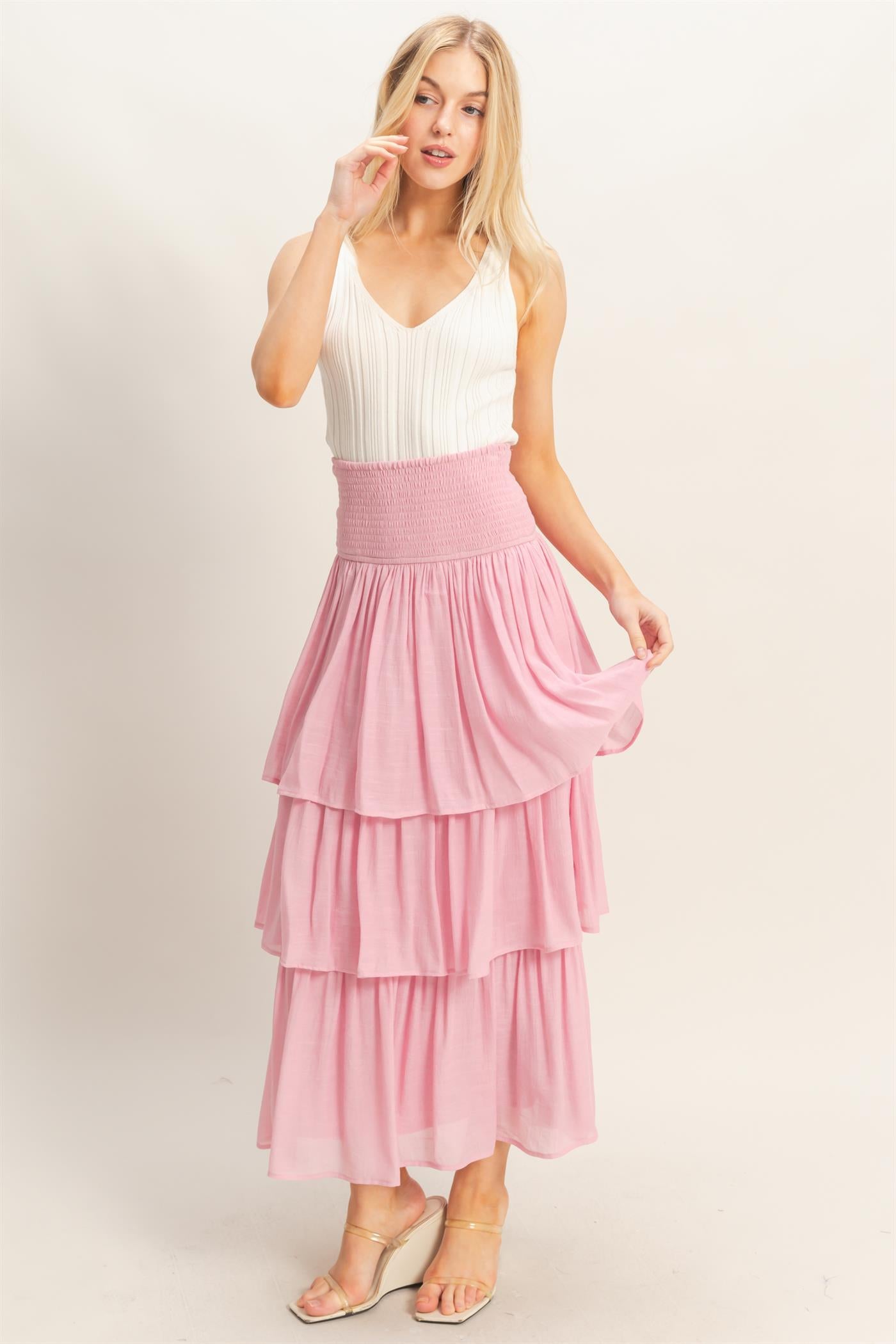 Wholesale Tiered Smocked Waist Skirt Skirts HF26C188-D PINK HYFVE