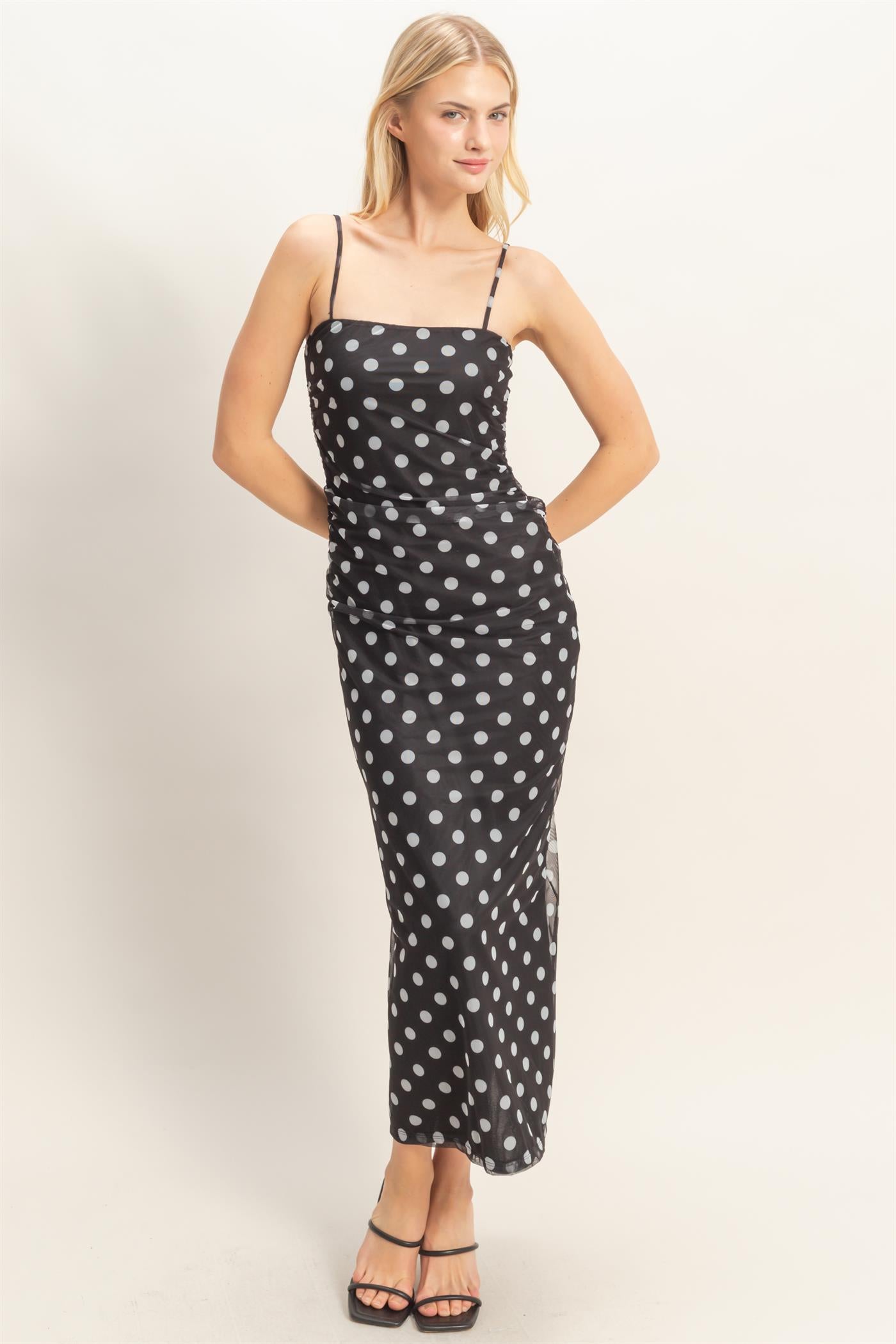 Wholesale Strap Polka Dot Midi Dress Dresses HF26A985 BLACK HYFVE