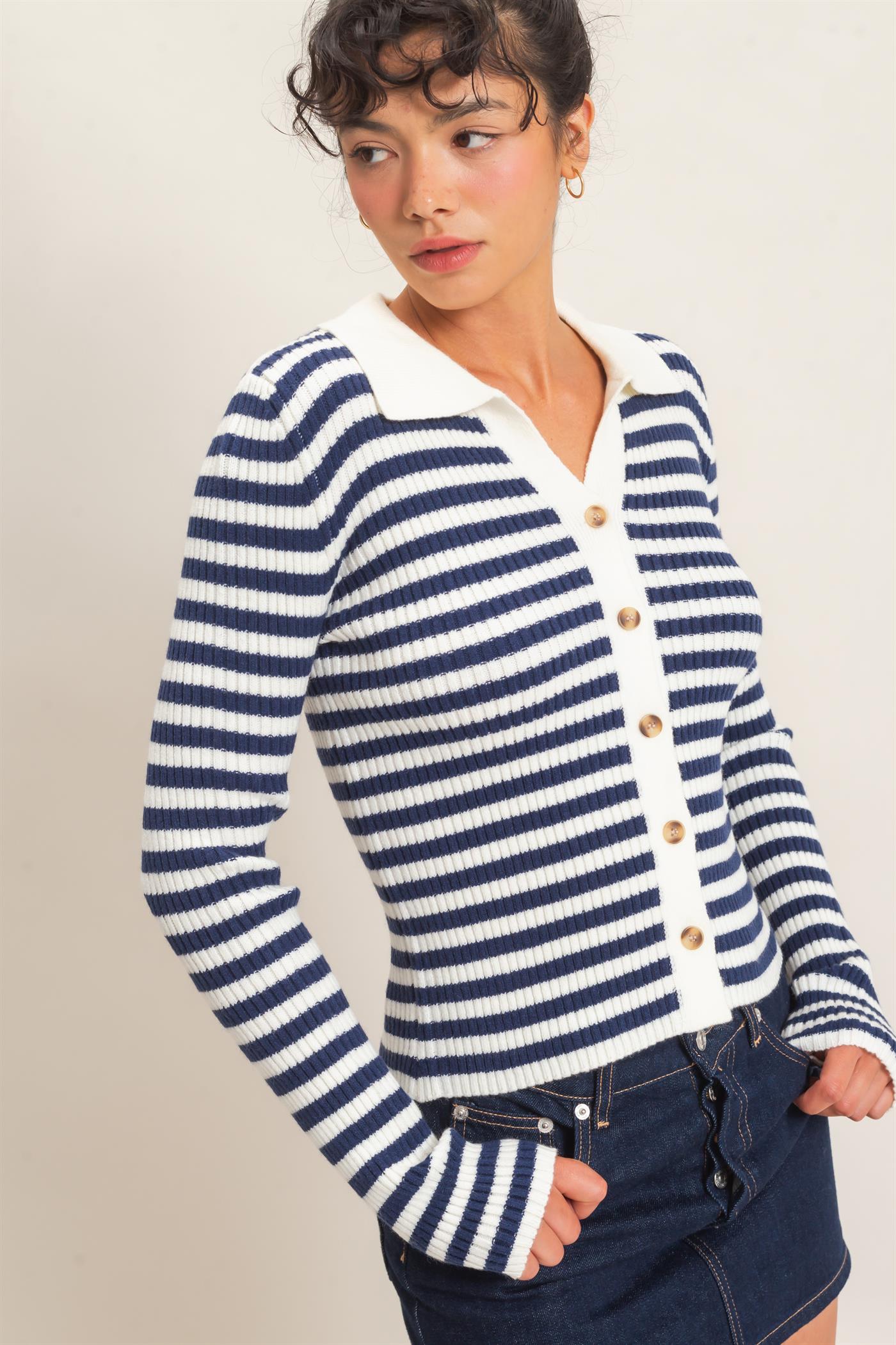 Wholesale Ribbed Striped Polo Knit Top Clothing Tops DZ26E099 NAVY DOUBLE ZERO
