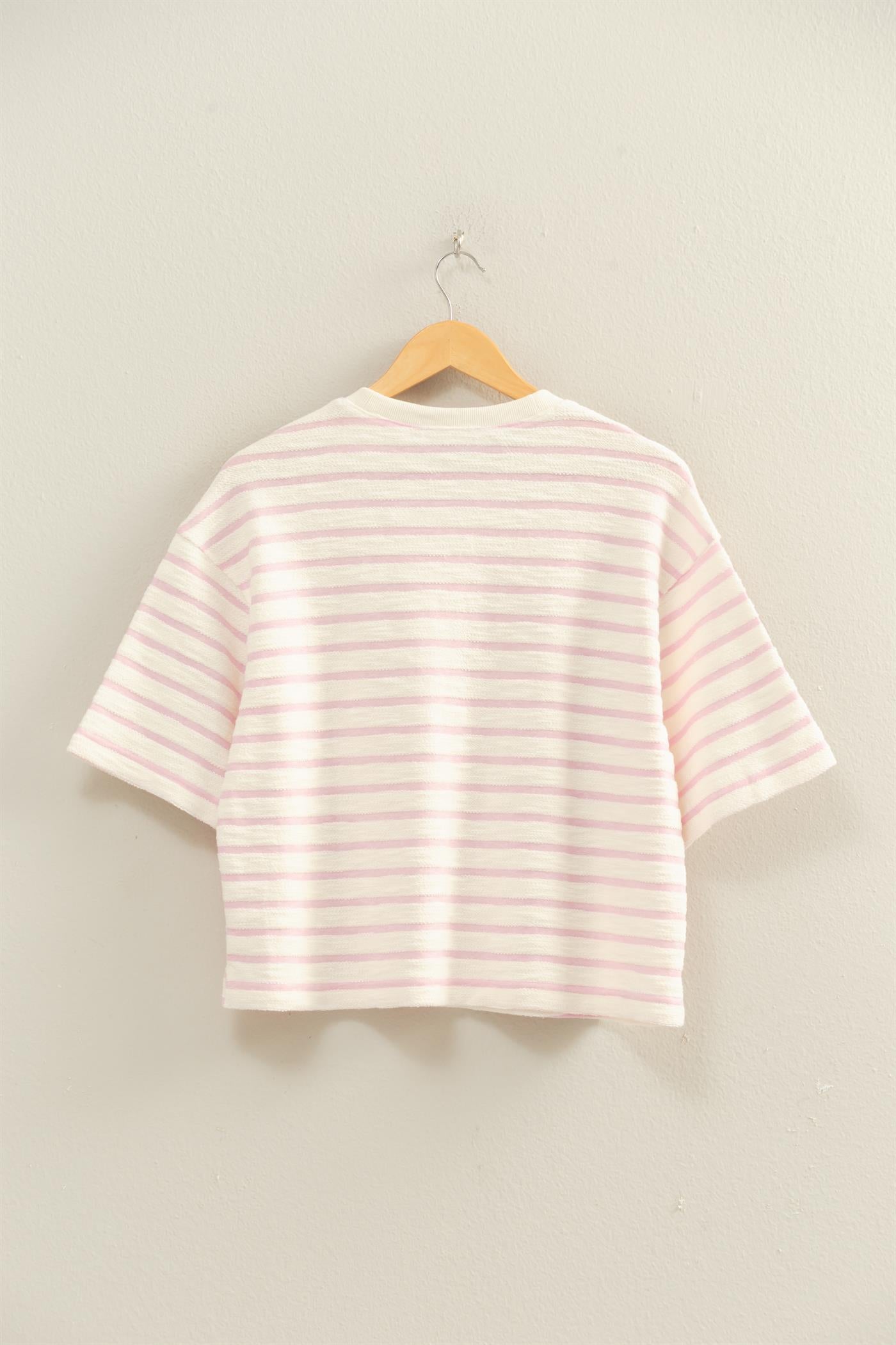 Wholesale Striped Short Sleeve Terry Crew Neck Top Clothing Tops DZ26A887 PINK DOUBLE ZERO