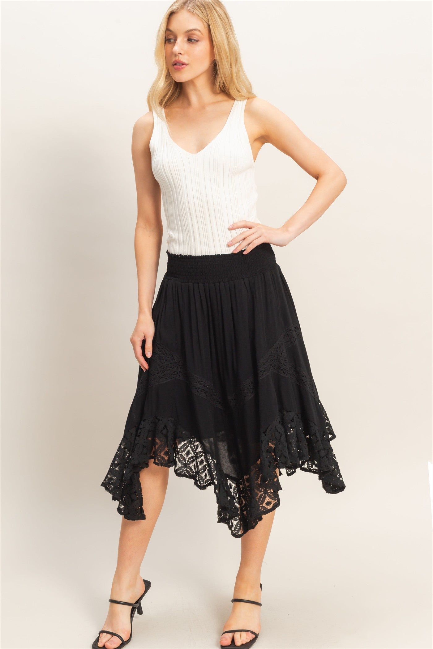 Wholesale Smocked Waist Lace Hem Skirt Skirts HF26A384 BLACK HYFVE