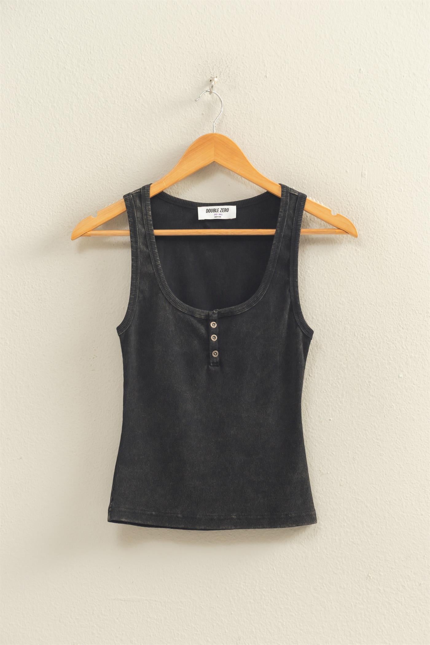 Wholesale Acid Washed Henley Ribbed Tank Top Tank Tops DZ26C661 BLACK DOUBLE ZERO