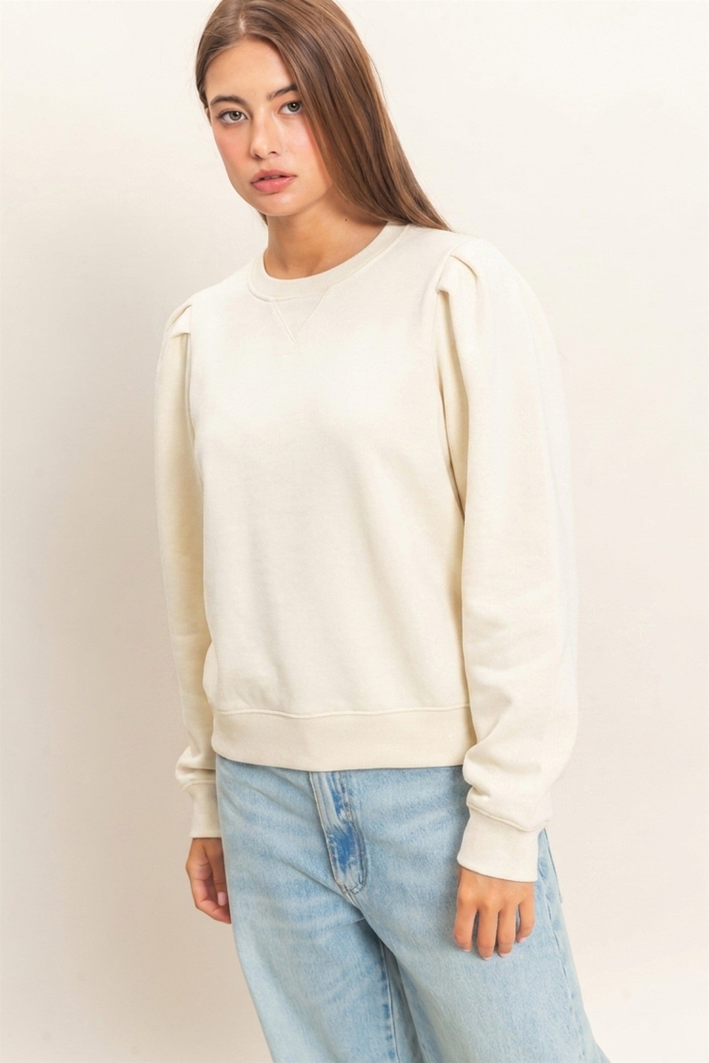 Wholesale Puff Sleeve Crew Neck Sweatshirt Sweatshirts DZ26E110 CREAM DOUBLE ZERO