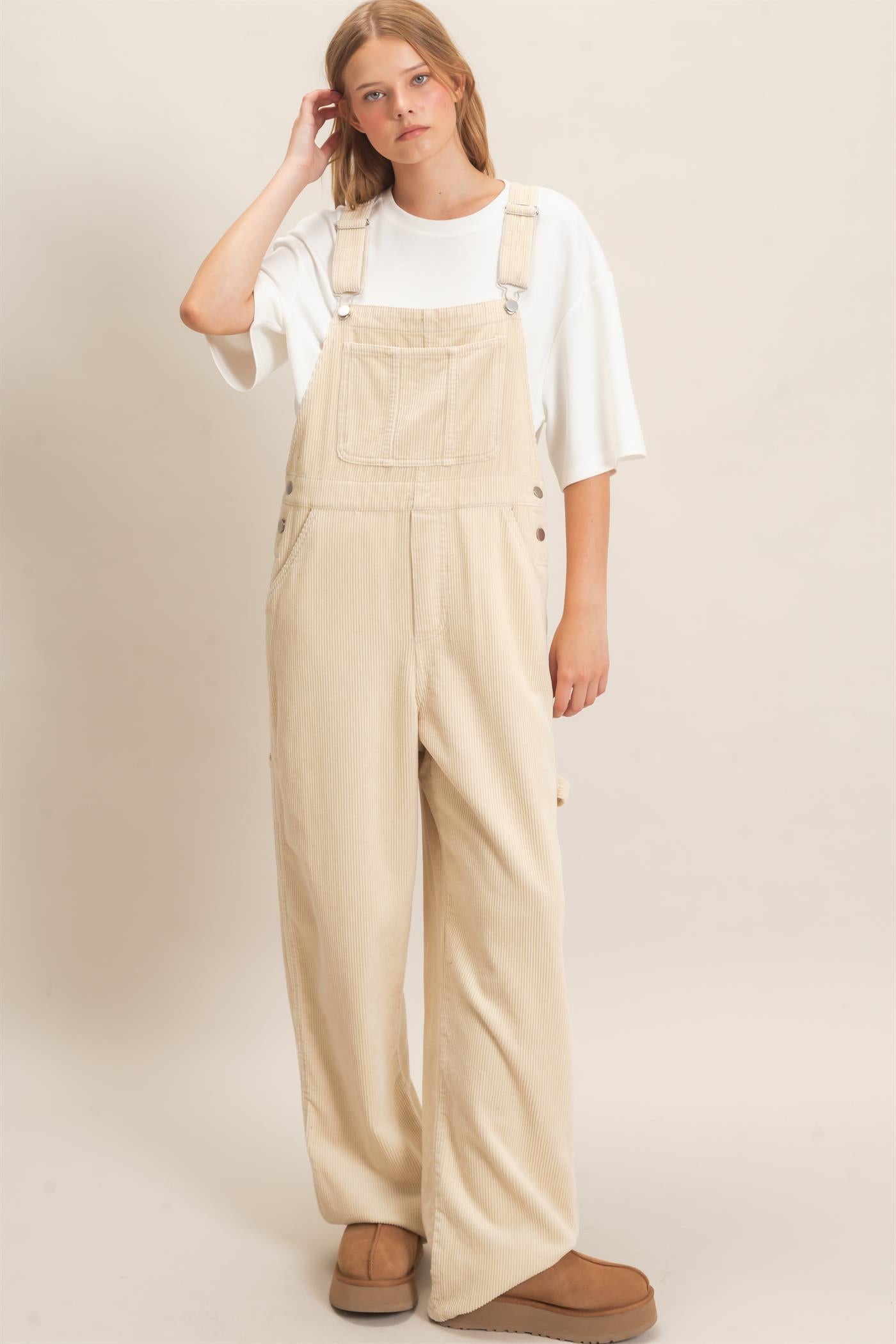 Wholesale Mineral Wash Corduroy Overalls Clothing HF26F210-D BEIGE HYFVE