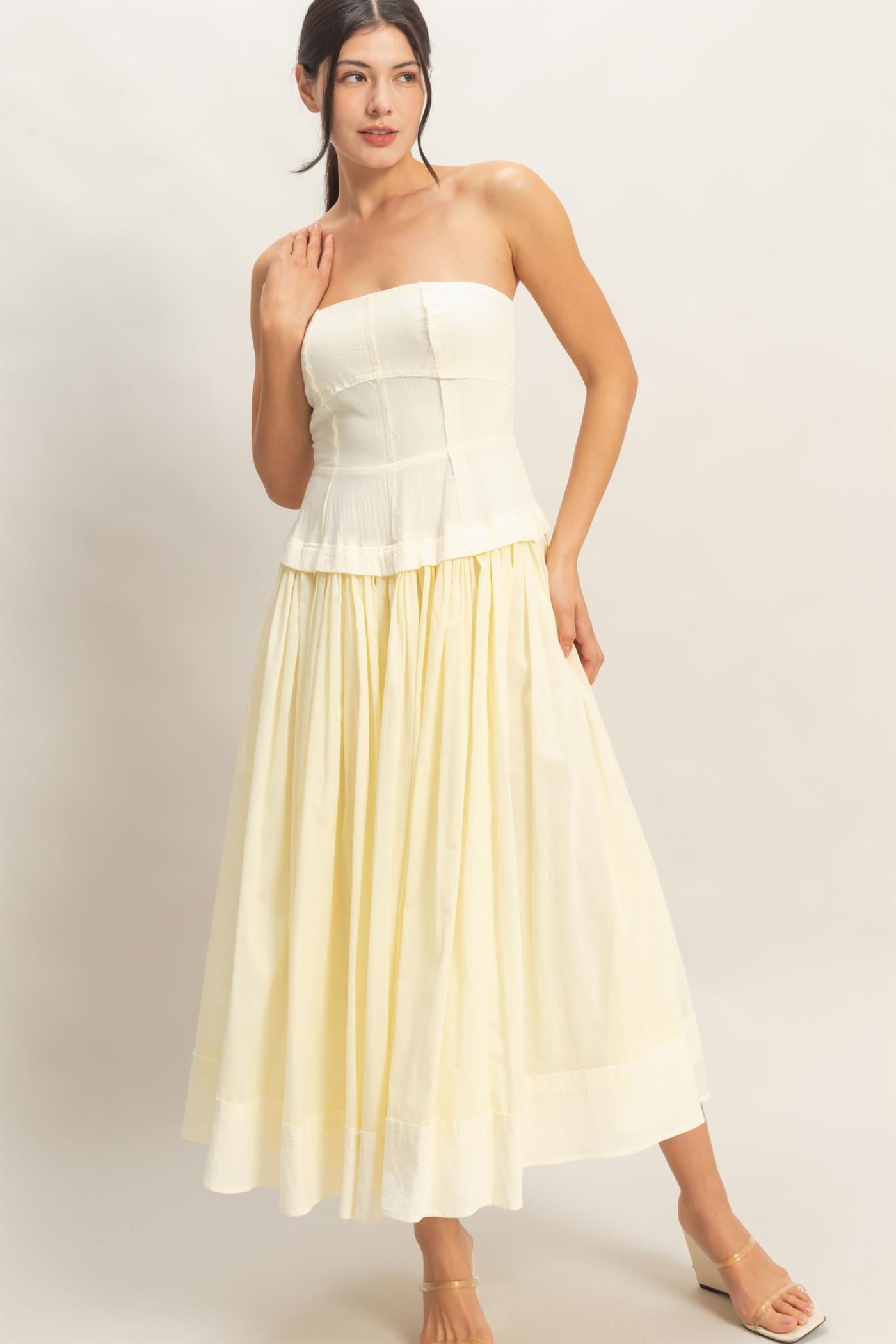 Wholesale Strapless Tiered Maxi Dress Dresses HF26A570 CREAM HYFVE