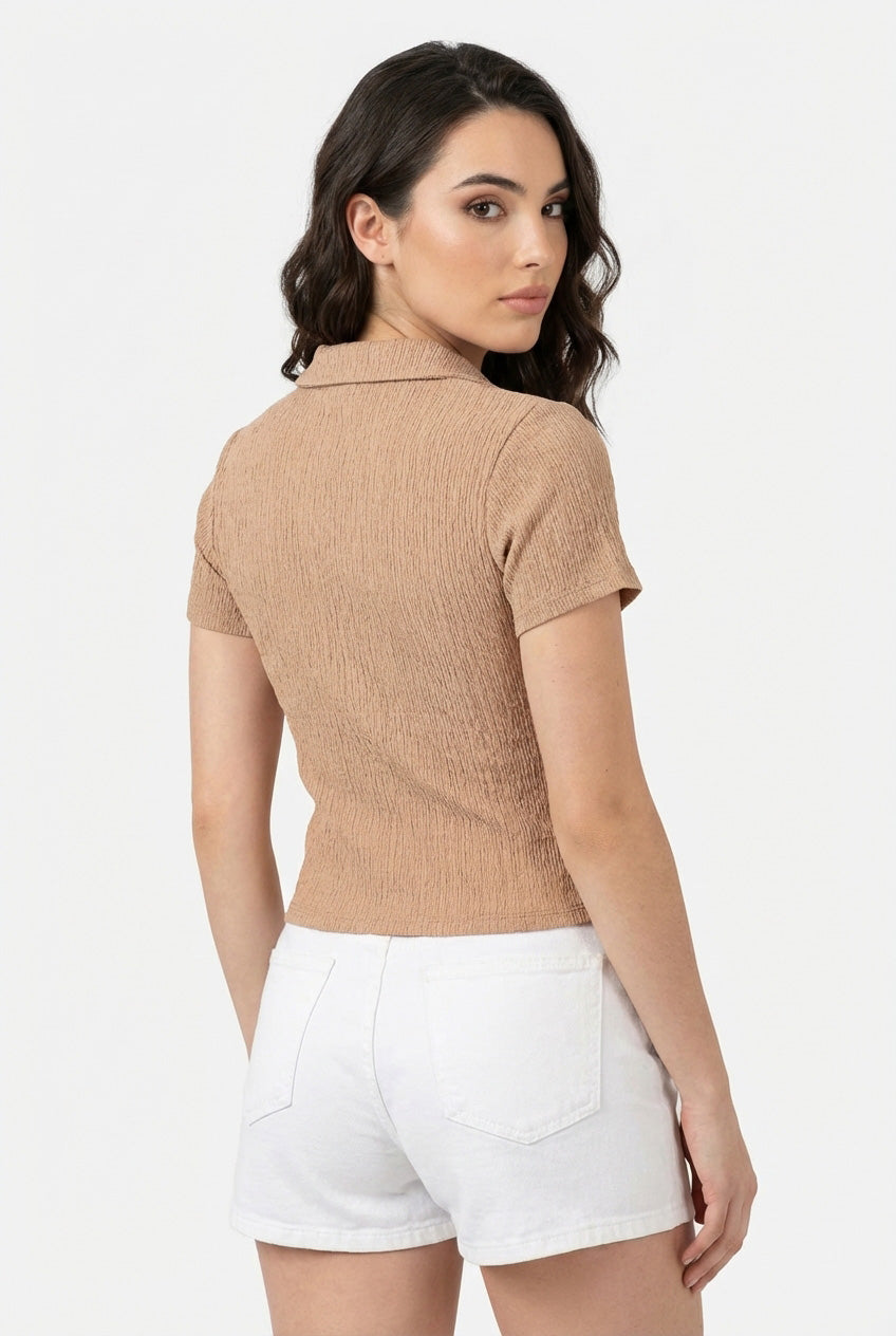 Wholesale Crinkle Knit Button Front Top Clothing Tops DZ24A757 TAN DOUBLE ZERO