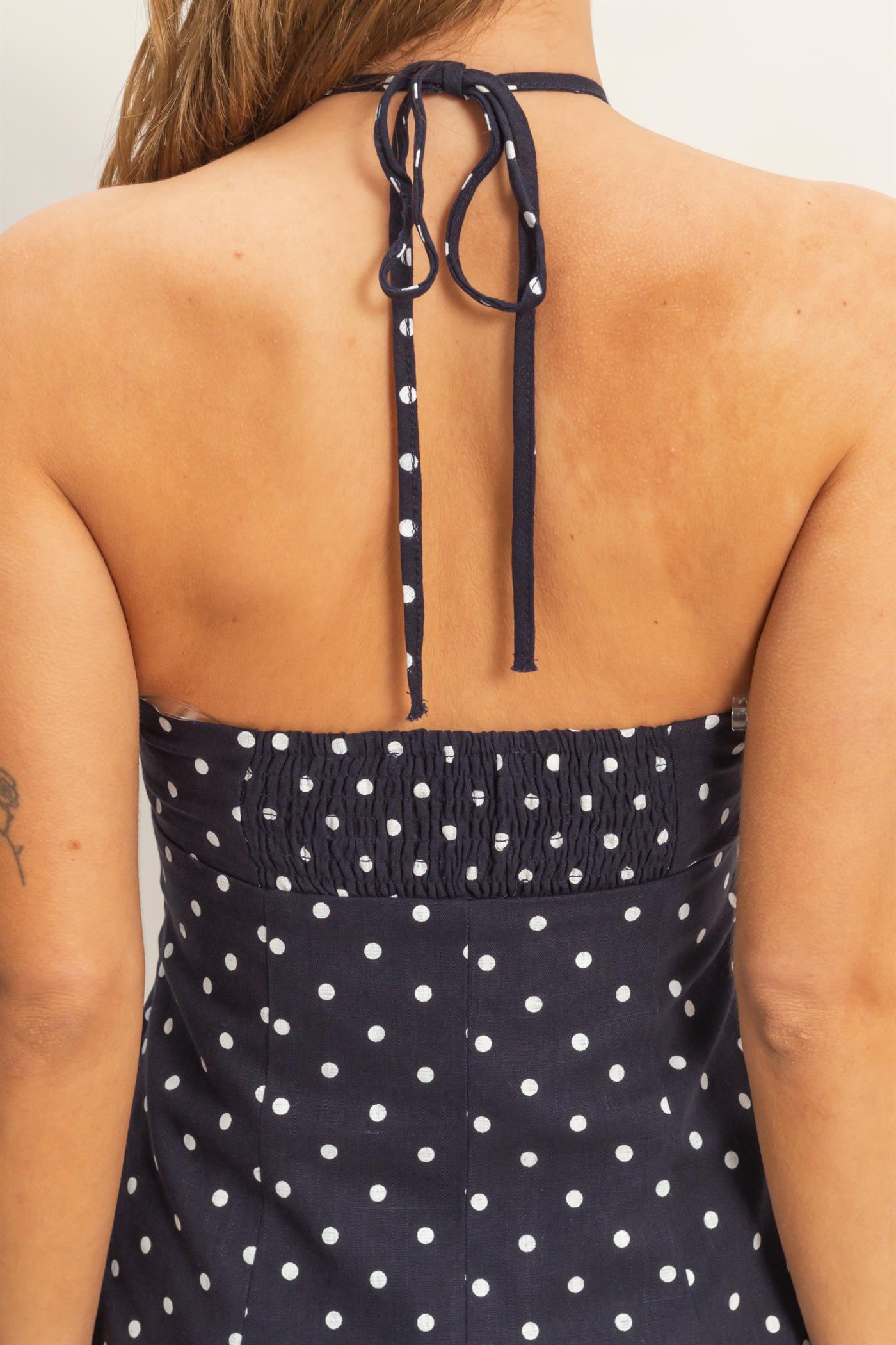 Wholesale Ruched Halter Polka Dot Mini Dress Dresses HF26C278-D NAVY HYFVE