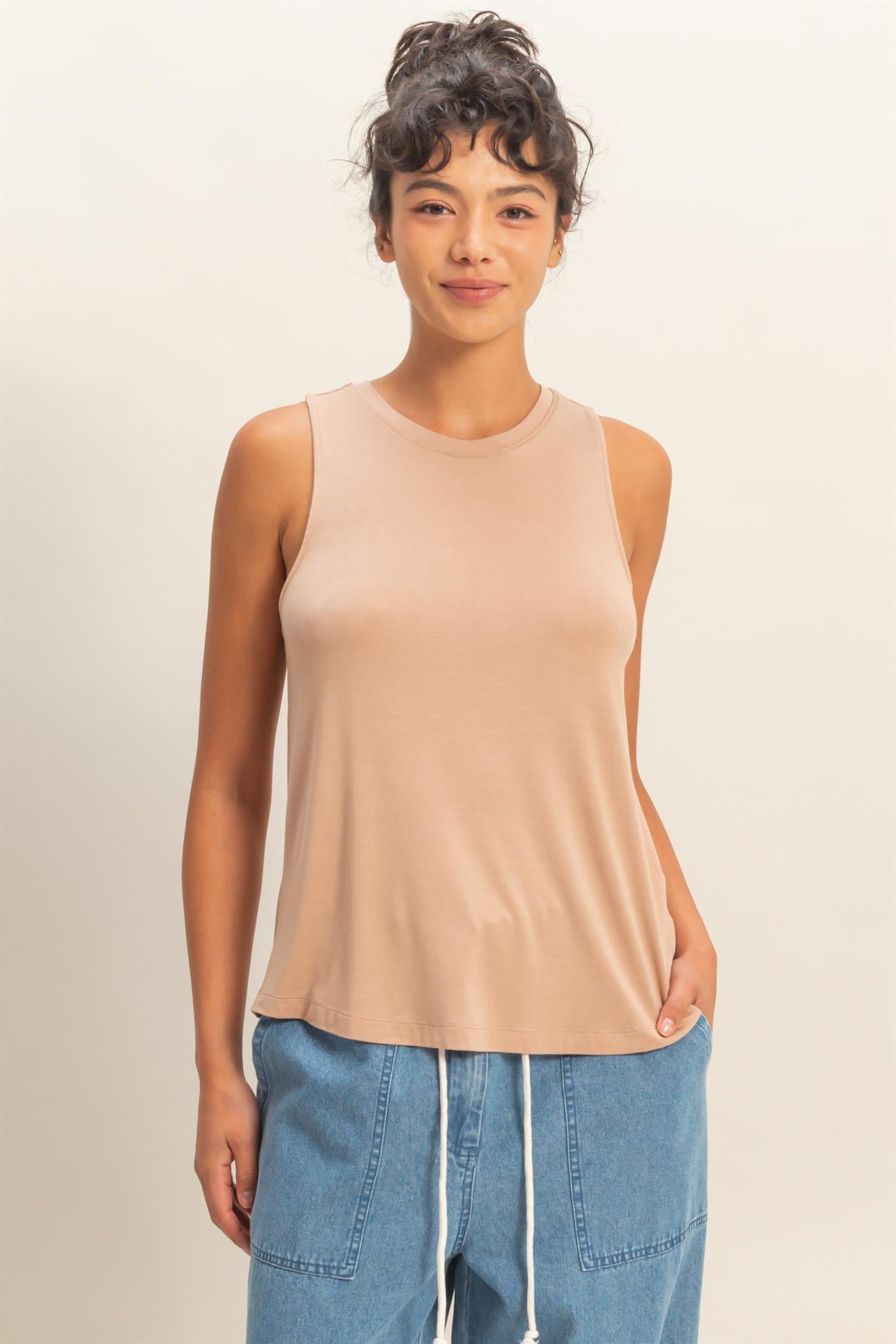 Wholesale Crew Neck Rayon Tank Top Tank Tops DZ26A332 DARK TAUPE DOUBLE ZERO