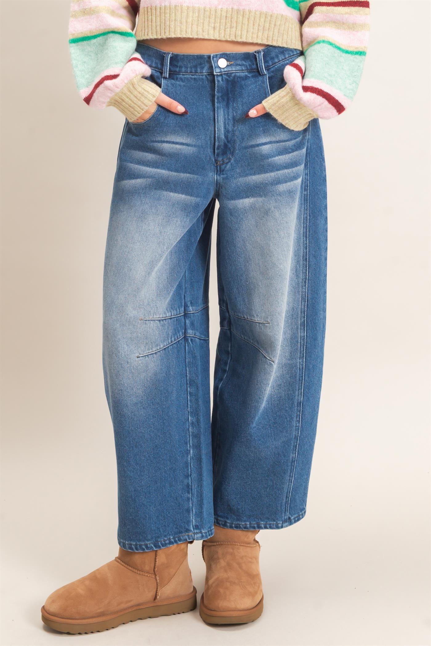 Wholesale Enzyme Wash Barrel Jeans Pants HF26E060 DARK BLUE HYFVE