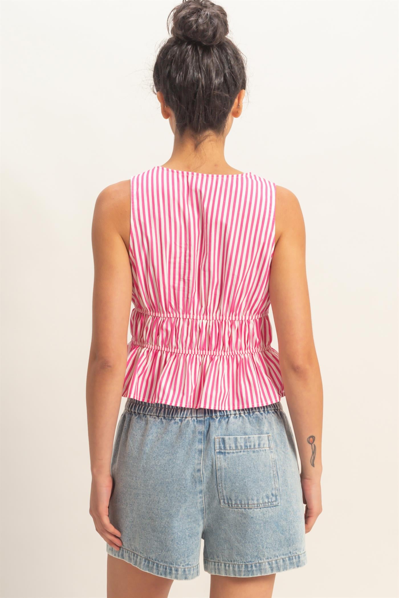 Wholesale Striped Tie Front Peplum Sleeveless Top Clothing Tops DZ26C534 PINK DOUBLE ZERO