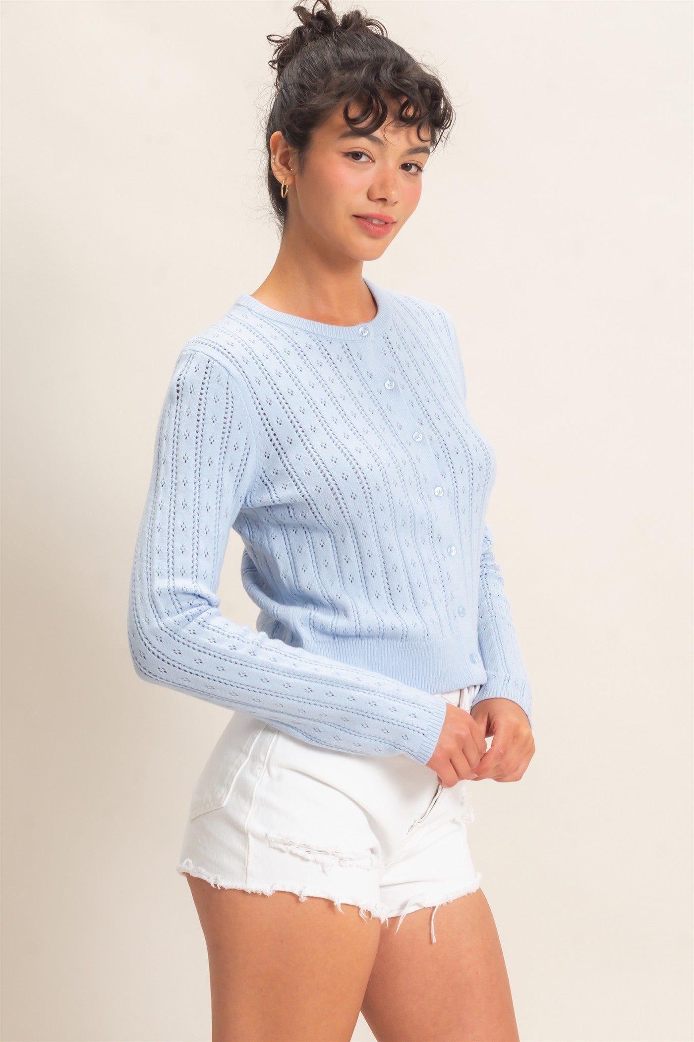 Wholesale Pointelle Button-Down Cardigan Cardigans DZ26E302 ICE BLUE DOUBLE ZERO