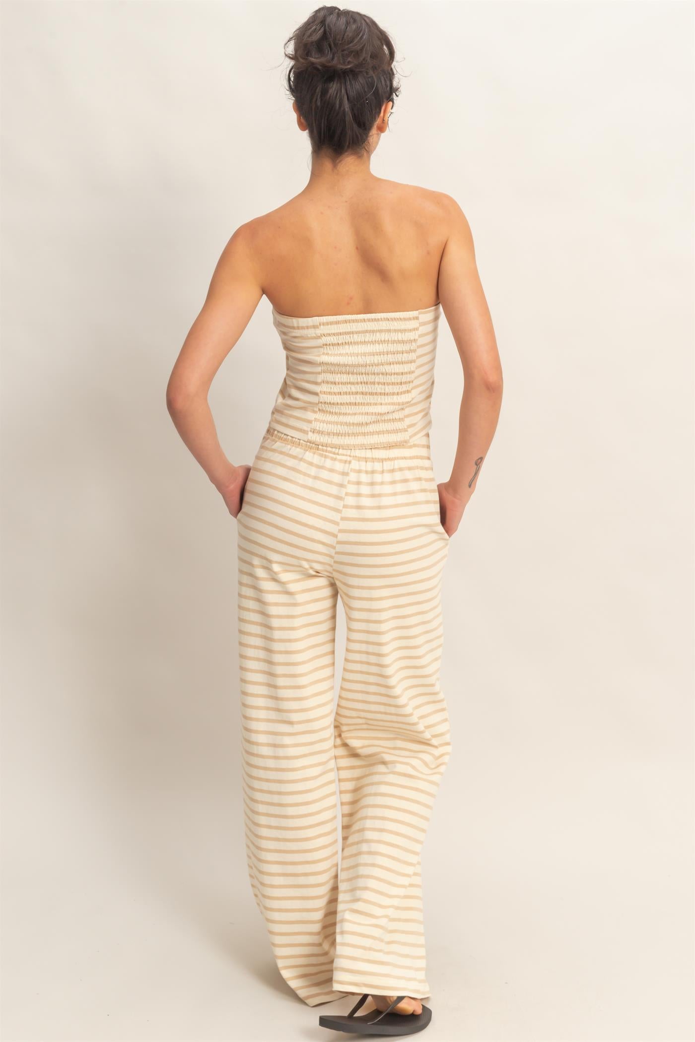 Wholesale Striped Jersey Tube Top And Pants Set Clothing DZ26C621-SET TAUPE DOUBLE ZERO